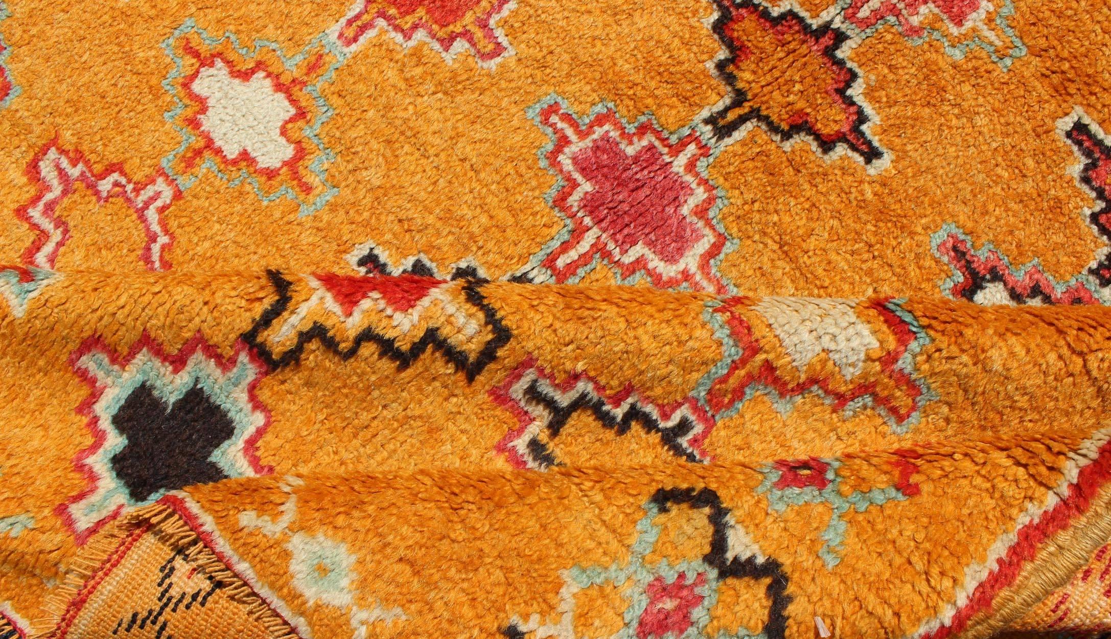 Mid-Century Modern Saffron Colored Antique Moroccan Carpet with Geometric and Diamond Pattern  For Sale