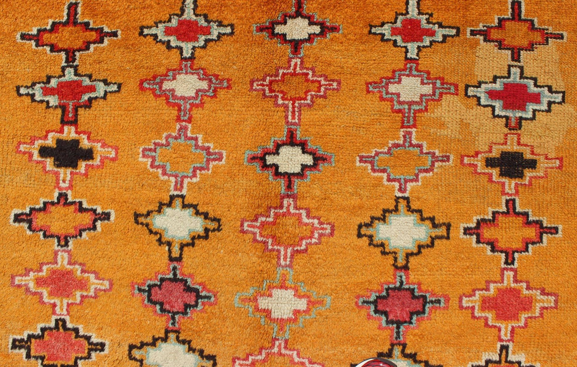 Hand-Knotted Saffron Colored Antique Moroccan Carpet with Geometric and Diamond Pattern  For Sale