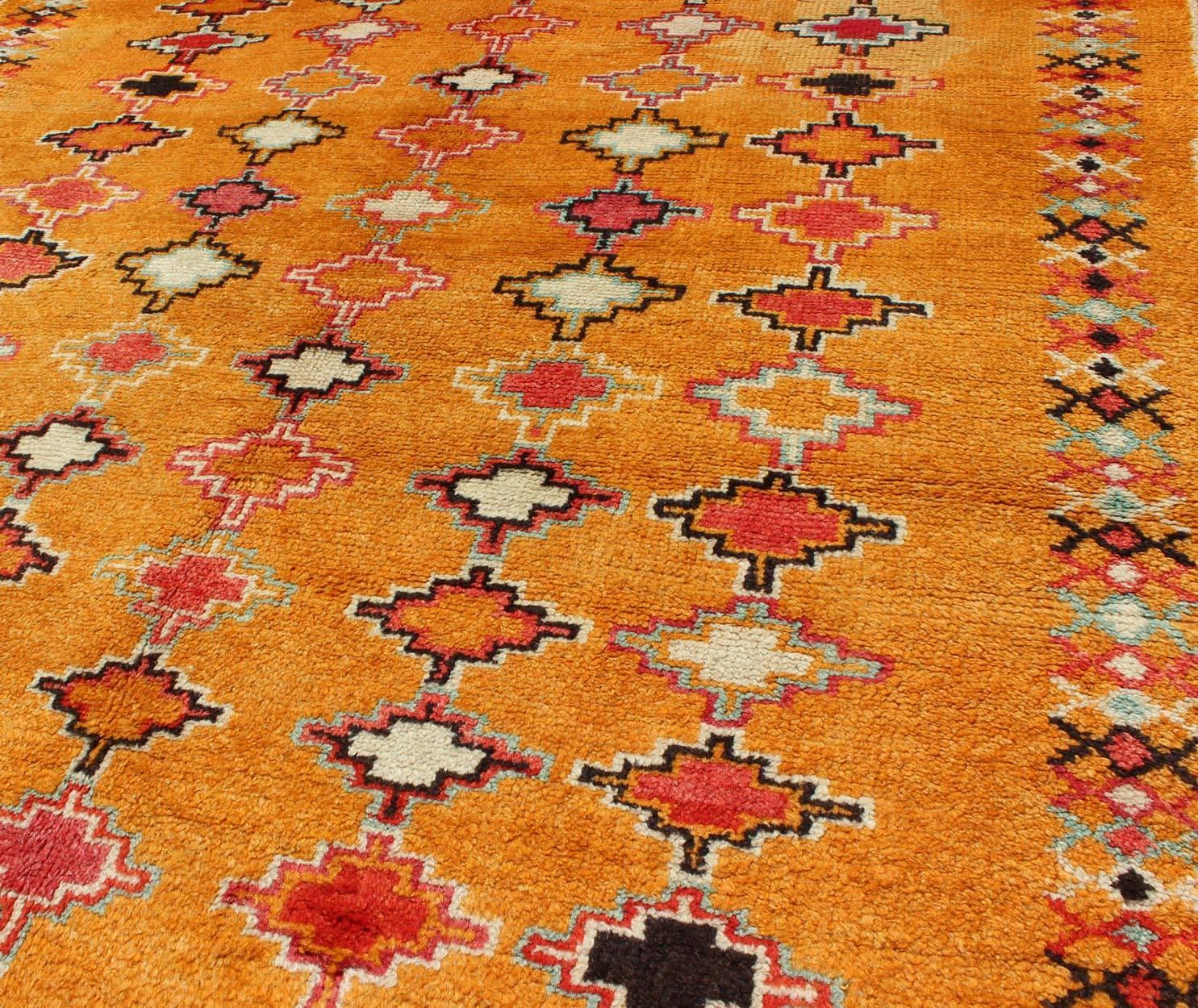 20th Century Saffron Colored Antique Moroccan Carpet with Geometric and Diamond Pattern  For Sale