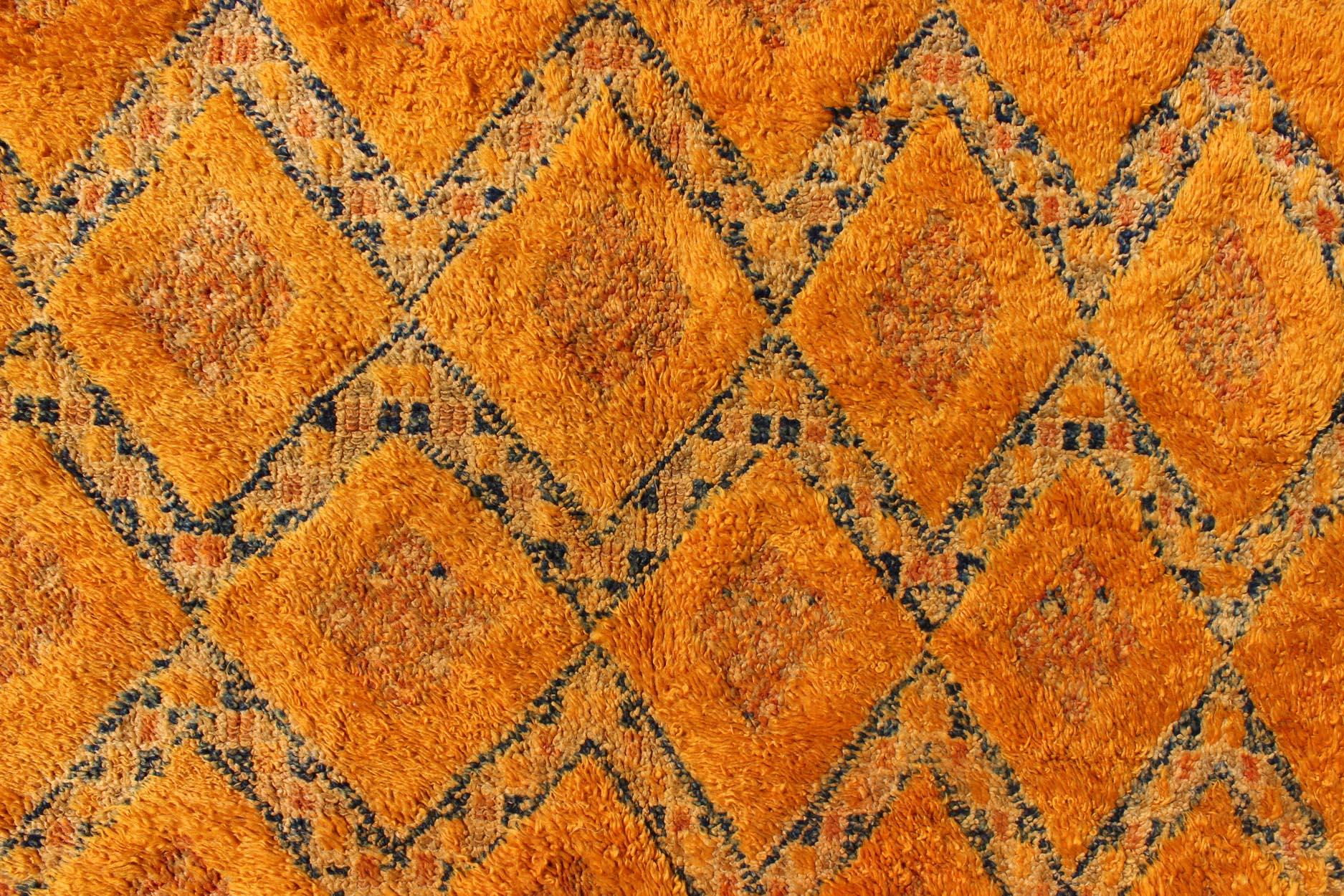 Hand-Knotted Saffron Colored Antique Moroccan Carpet with Geometric and Diamond Pattern For Sale