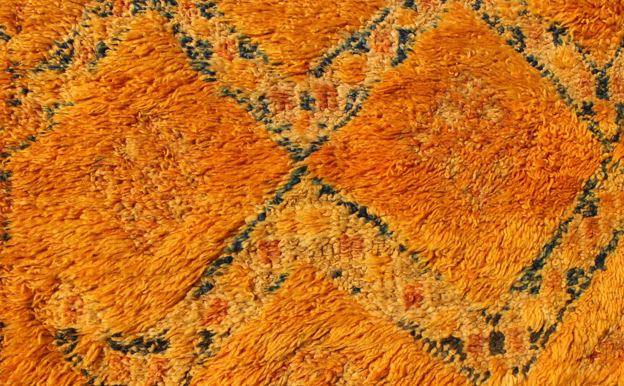 Saffron Colored Antique Moroccan Carpet with Geometric and Diamond Pattern In Good Condition For Sale In Atlanta, GA