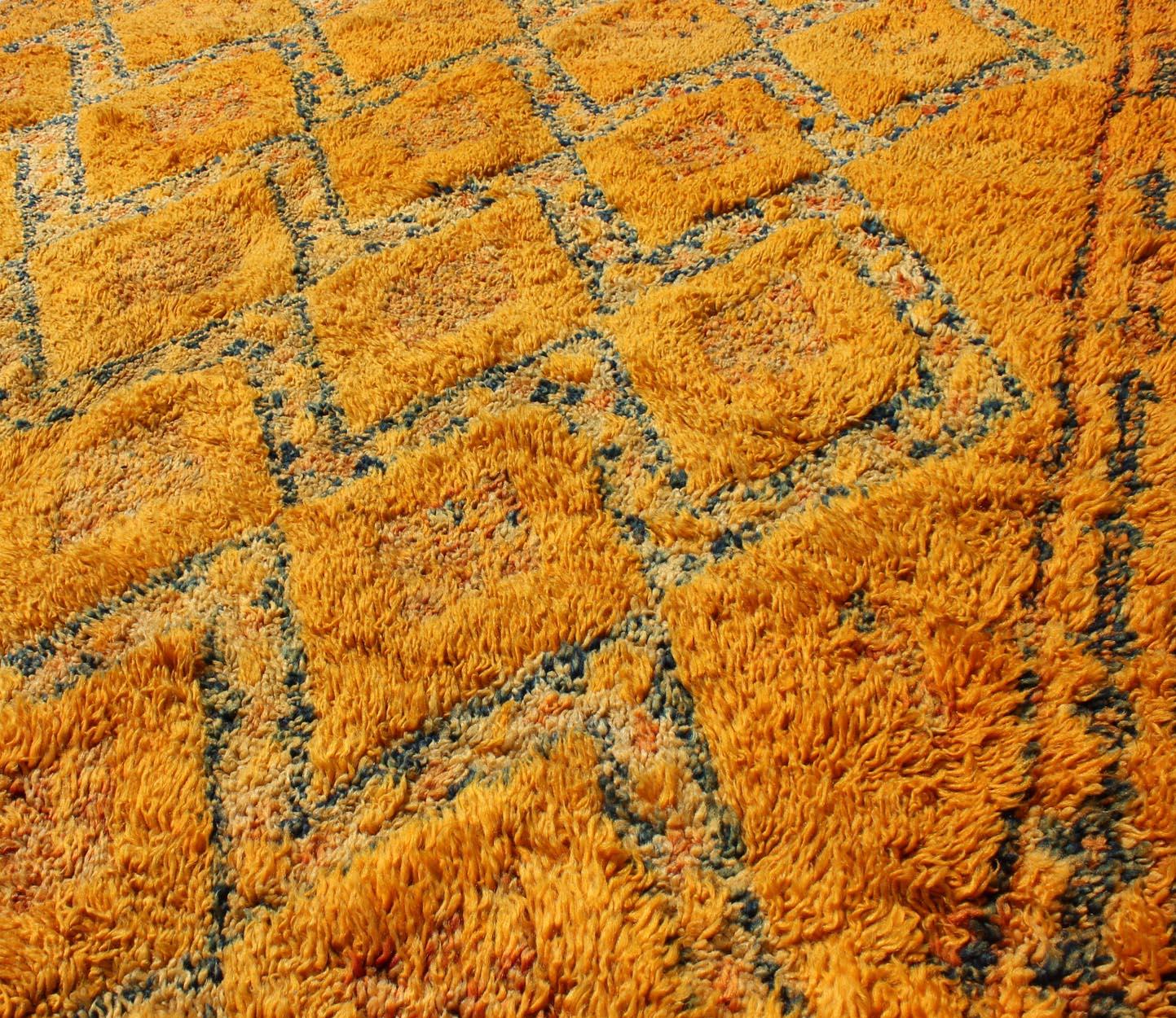 20th Century Saffron Colored Antique Moroccan Carpet with Geometric and Diamond Pattern For Sale