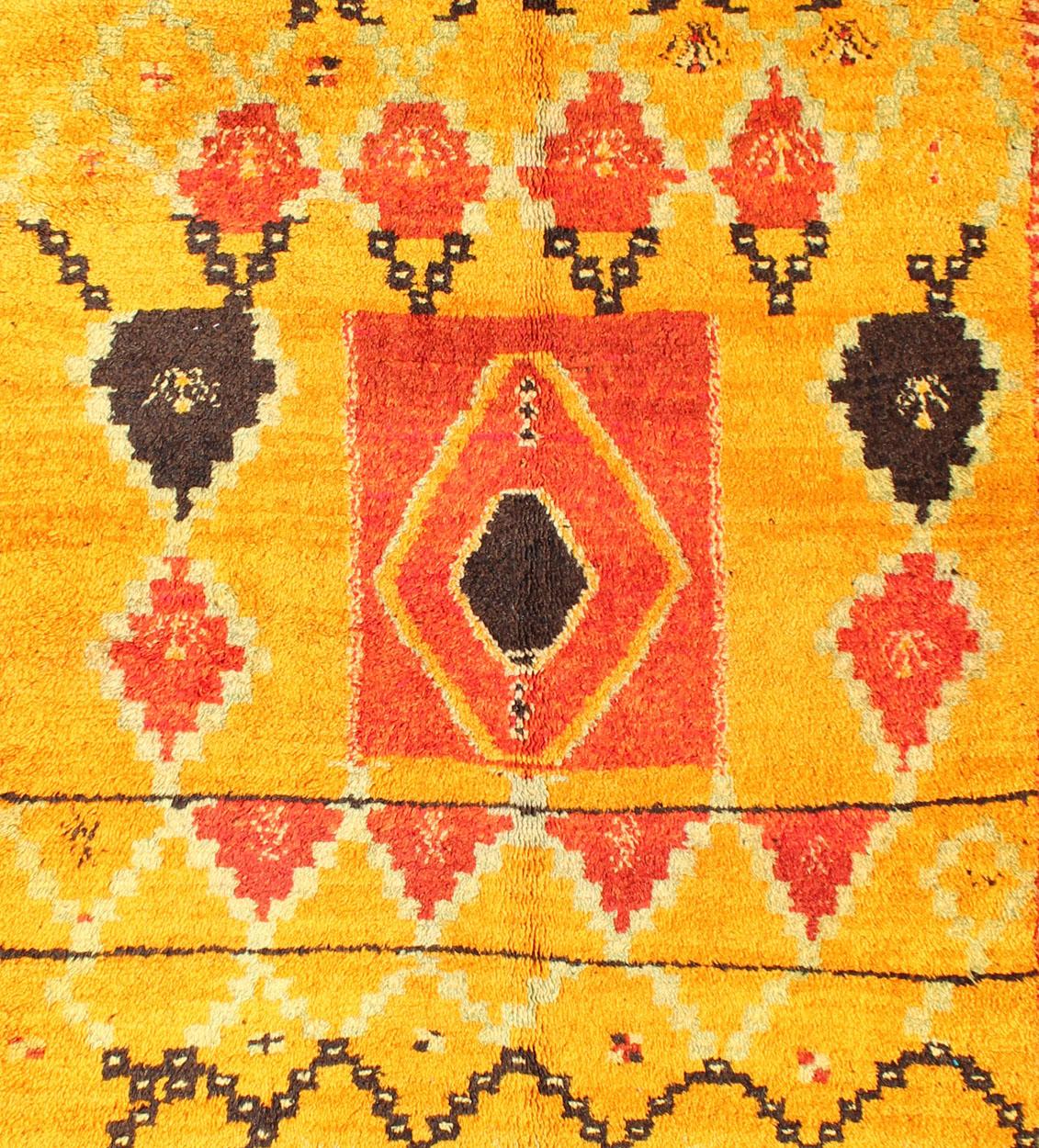 Hand-Knotted Saffron Colored Moroccan Carpet with Tribal Geometric Design  For Sale