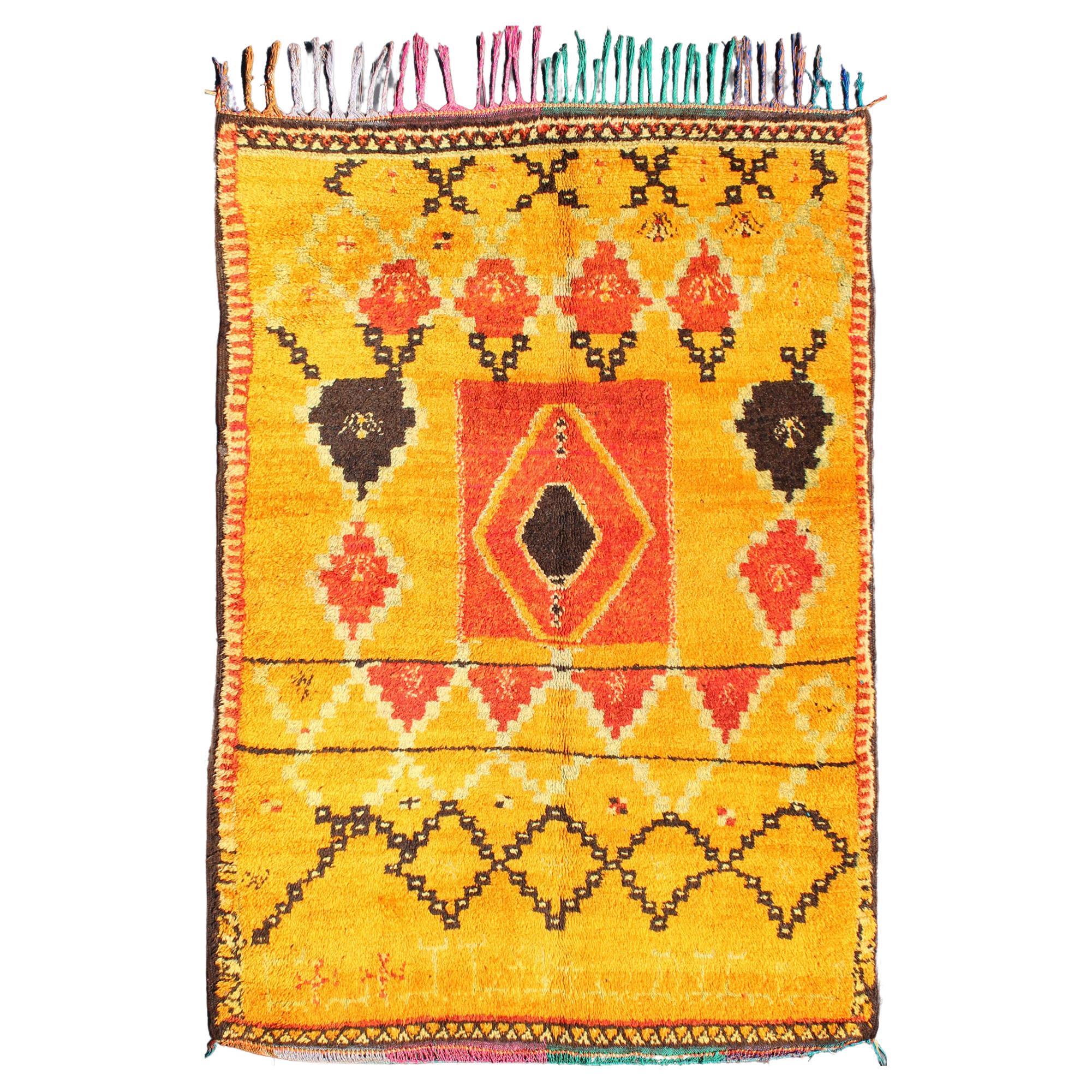 Saffron Colored Moroccan Carpet with Tribal Geometric Design 