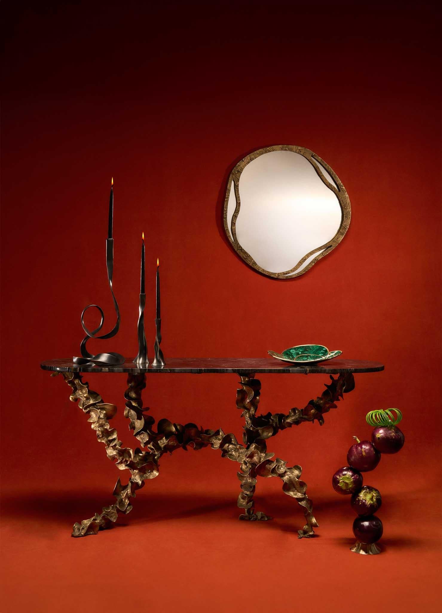 Saffron Console in Semi Precious Stone Overlay Top & Brass, Viya by Vikram Goyal For Sale 1