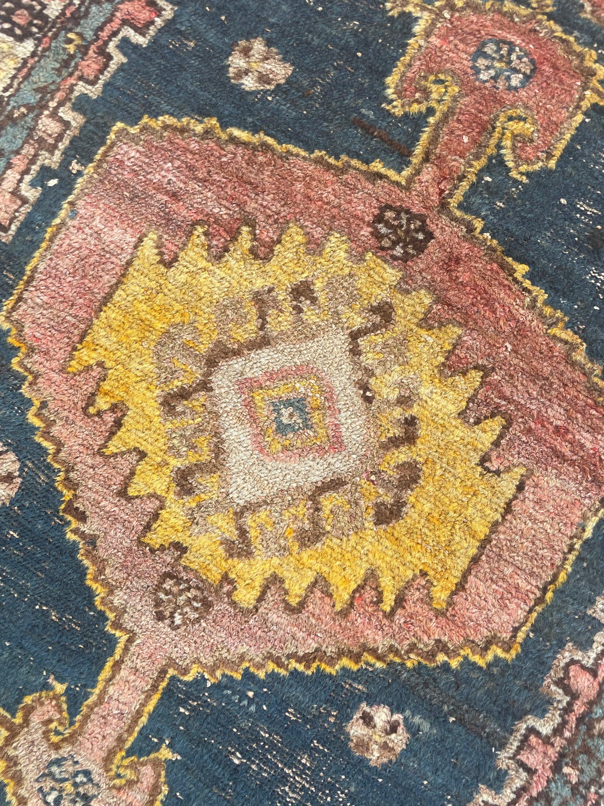 Tribal Tapis kurde ancien bleu safran et bleu nuit, vers les années 1930 en vente