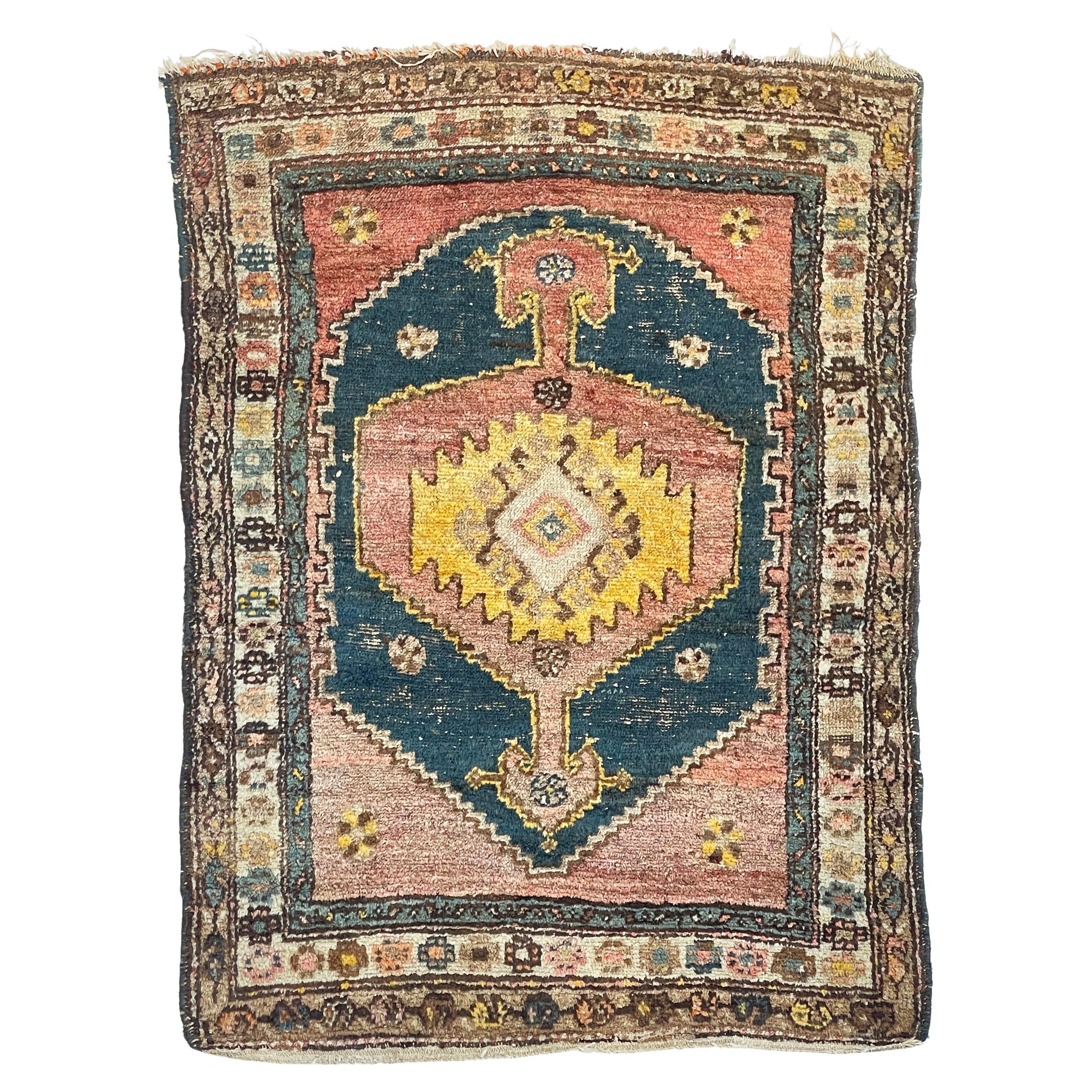 Saffron & Midnight Blue Antique Kurdish Rug, c. 1930's