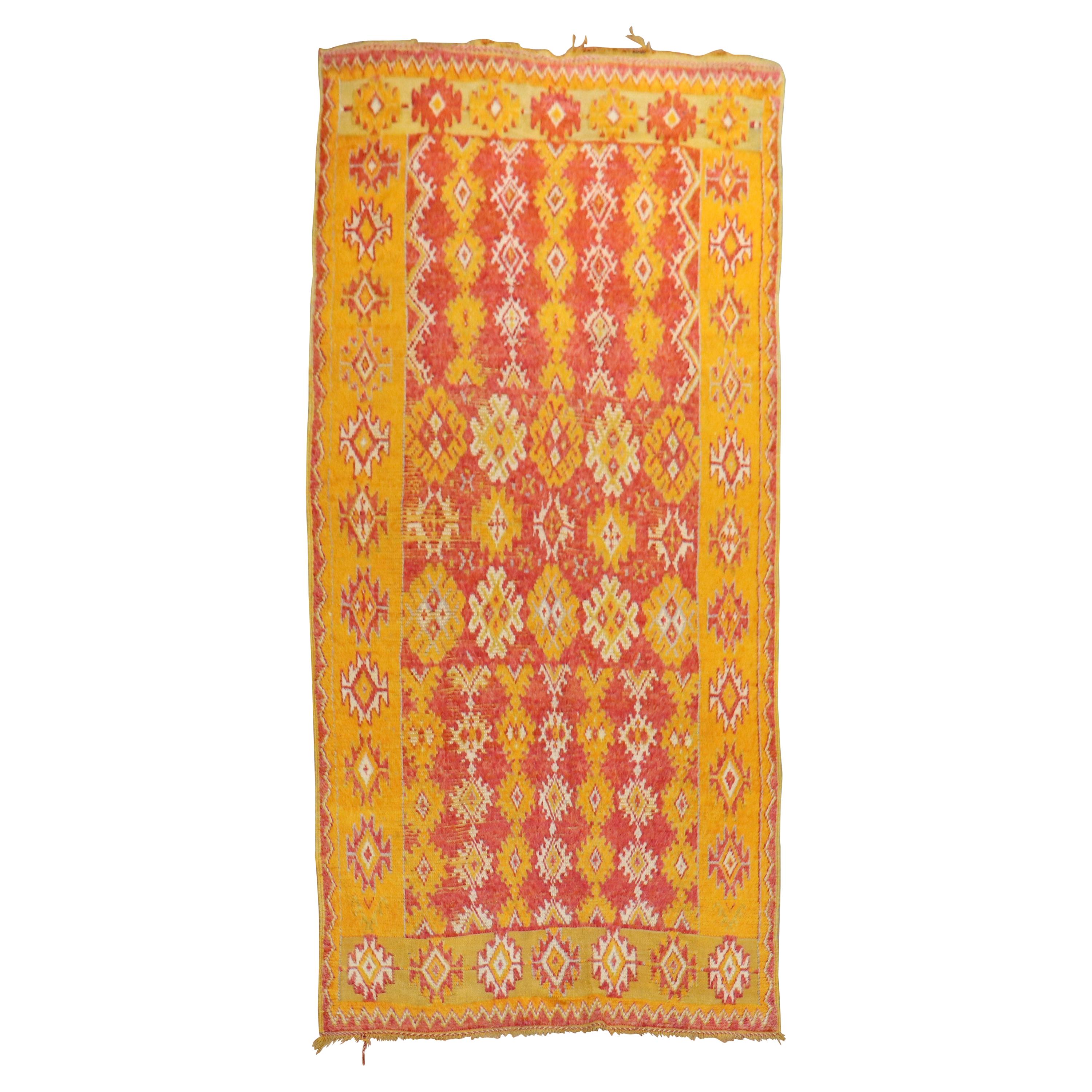 Saffron Red Quirky Moroccan Colorful Geometric Accent Rug For Sale