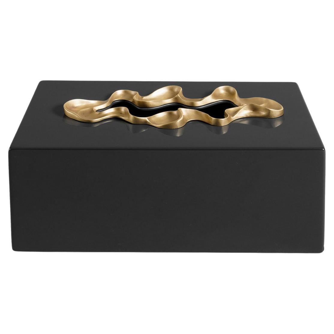 Saffron Tissue Box Black Large in Lacquer Wood 
Brass, Viya By Vikram Goyal