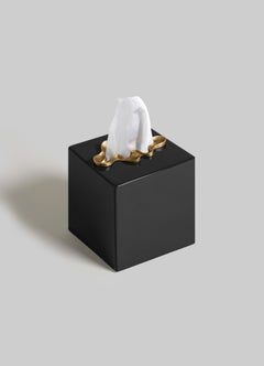 Saffron Tissue Box Black Small in Lacquer Wood & Brass, Viya By Vikram Goyal