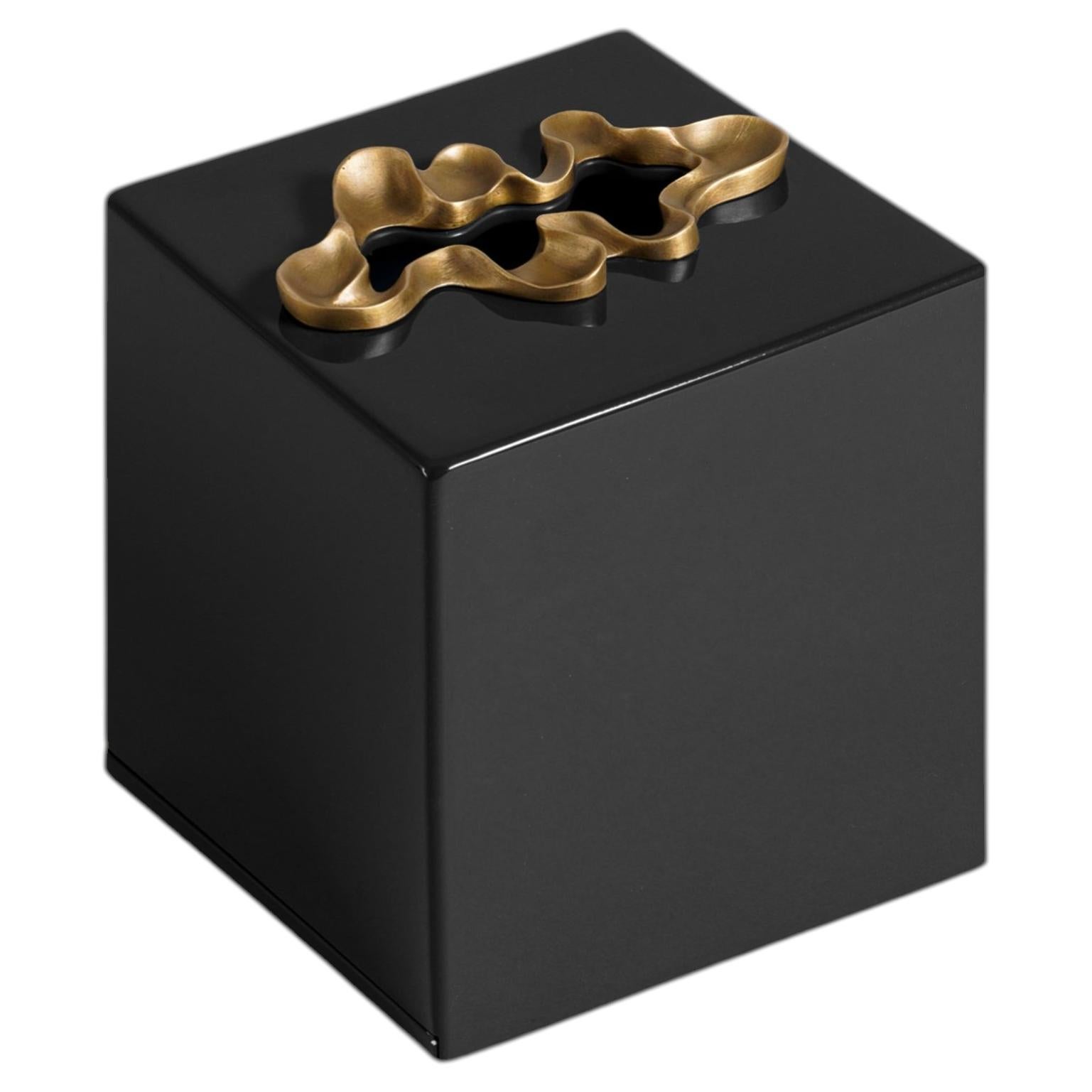 Saffron Tissue Box Black Small in Lacquer Wood & Brass, Viya By Vikram Goyal