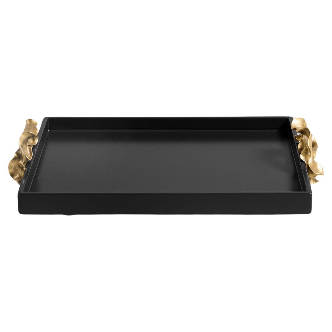 Saffron Towel Tray Black in Lacquer Wood 
Brass, Viya By Vikram Goyal For Sale