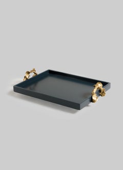 Saffron Towel Tray Dark Blue in Lacquer Wood & Brass, Viya By Vikram Goyal