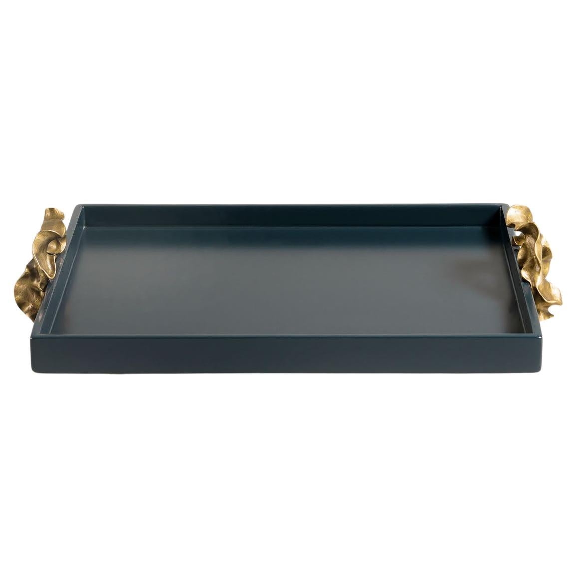 Saffron Towel Tray Dark Blue in Lacquer Wood 
Brass, Viya By Vikram Goyal