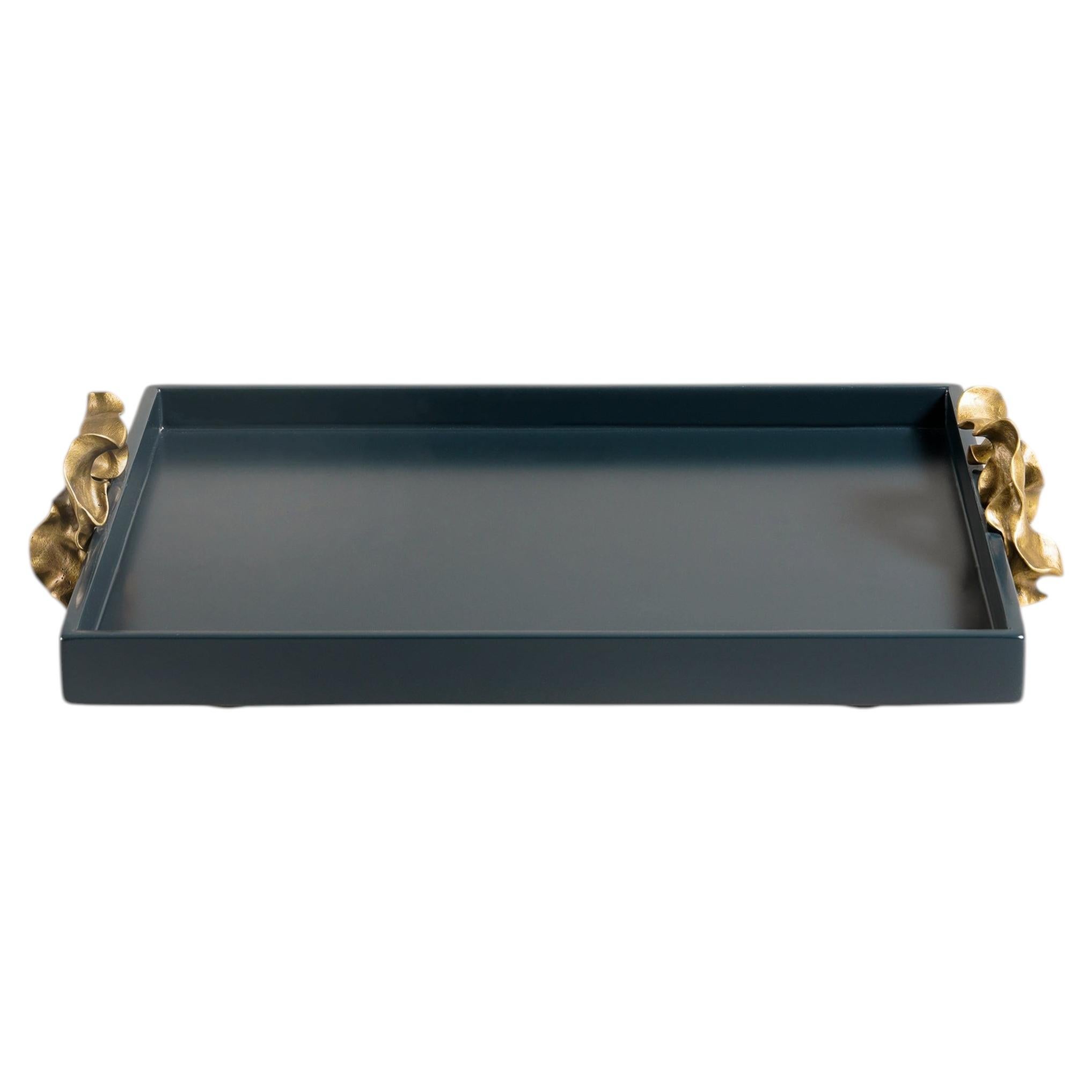 Saffron Towel Tray Dark Blue in Lacquer Wood & Brass, Viya By Vikram Goyal