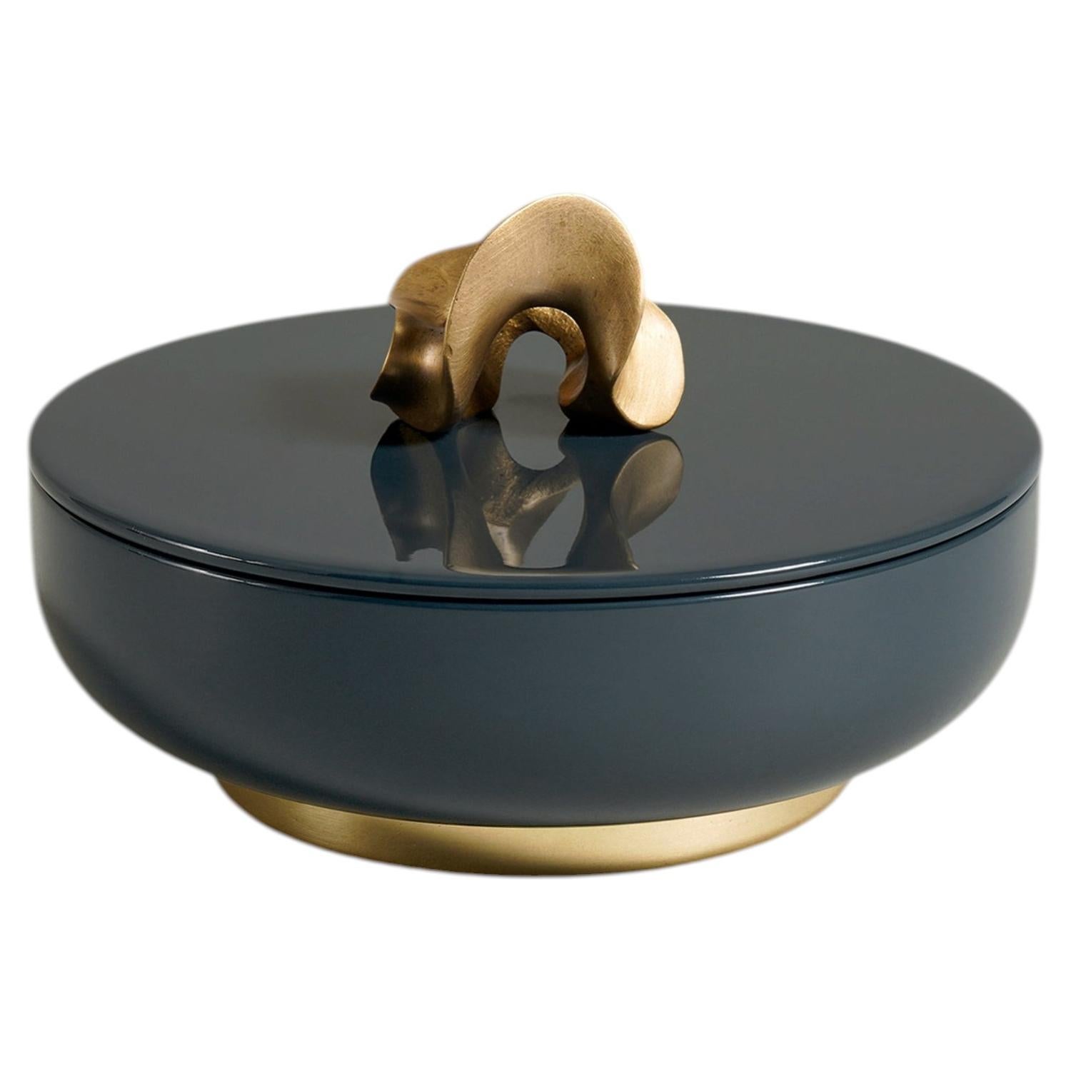 Saffron Trinket Box Blue Large in Lacquer Wood & Brass, Viya By Vikram Goyal