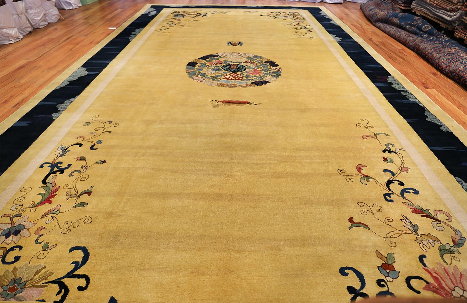 Magnificent saffron yellow oversize antique Chinese rug, country of origin / rug type: China rug, circa 1920. Size: 11 ft 3 in x 22 ft 6 in (3.43 m x 6.86 m)

