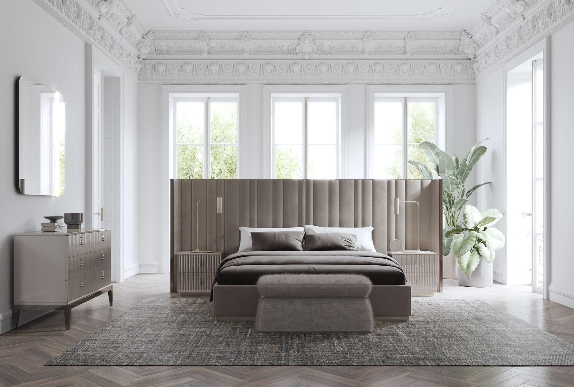 Saga is an upholstered bed born from the encounter between design and craftsmanship. Headboard in curved poplar plywood with margins in oak wood. The headboard and bed frame are upholstered in elegant velvet fabric. Base margins finished in ebony