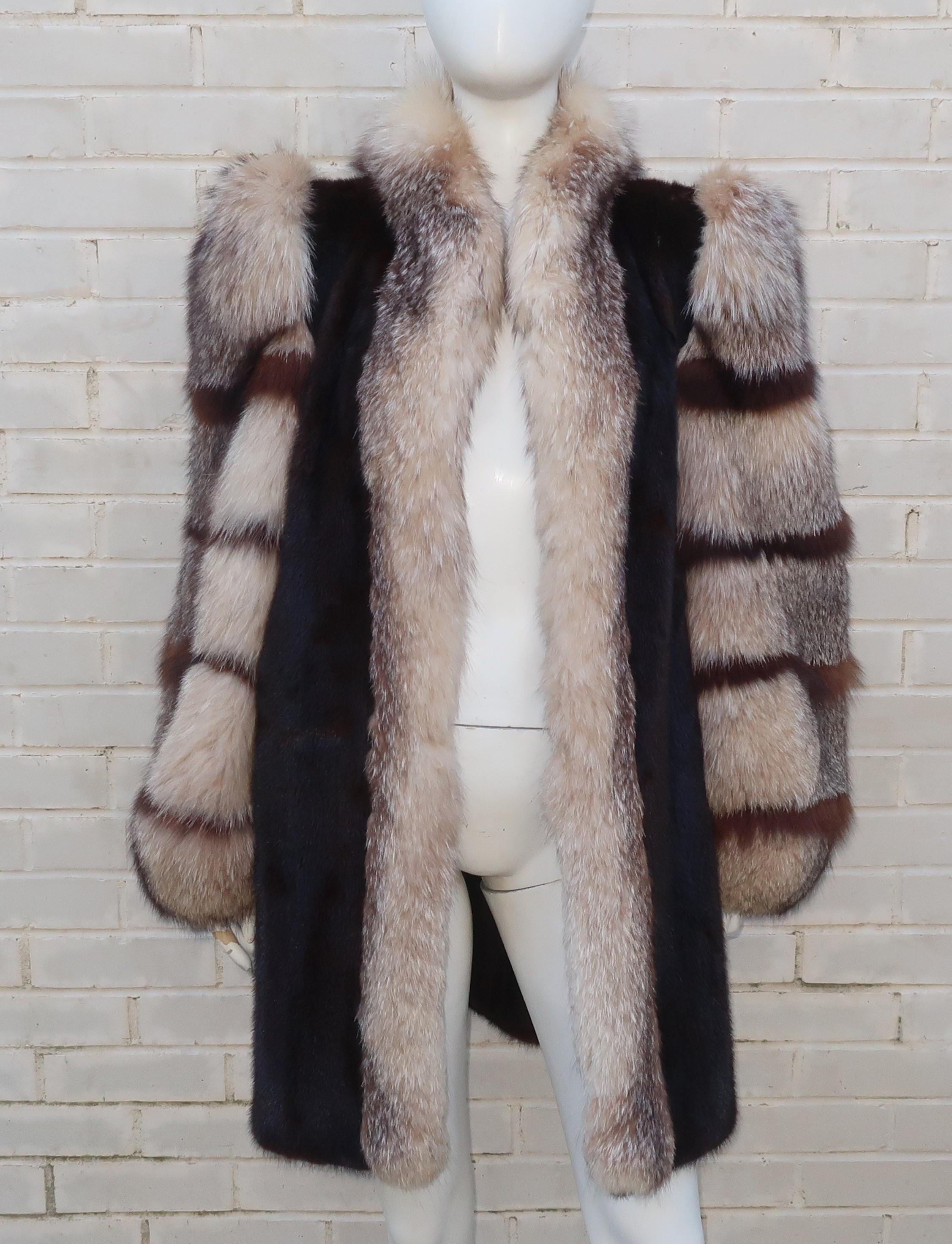 Saga Brown Mink & Fox Fur Stroller Jacket Coat, 1980's 2