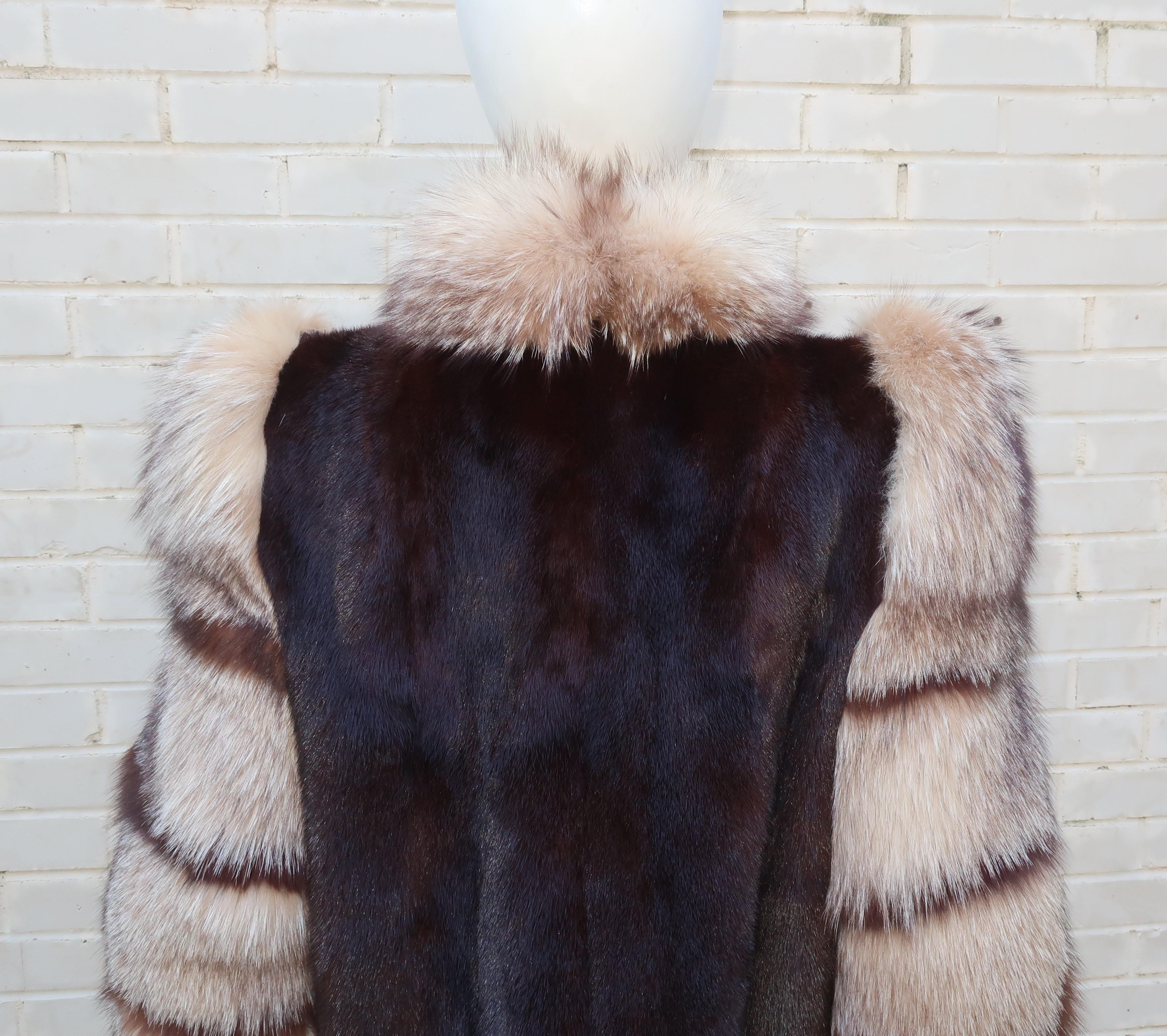 Saga Brown Mink & Fox Fur Stroller Jacket Coat, 1980's 1