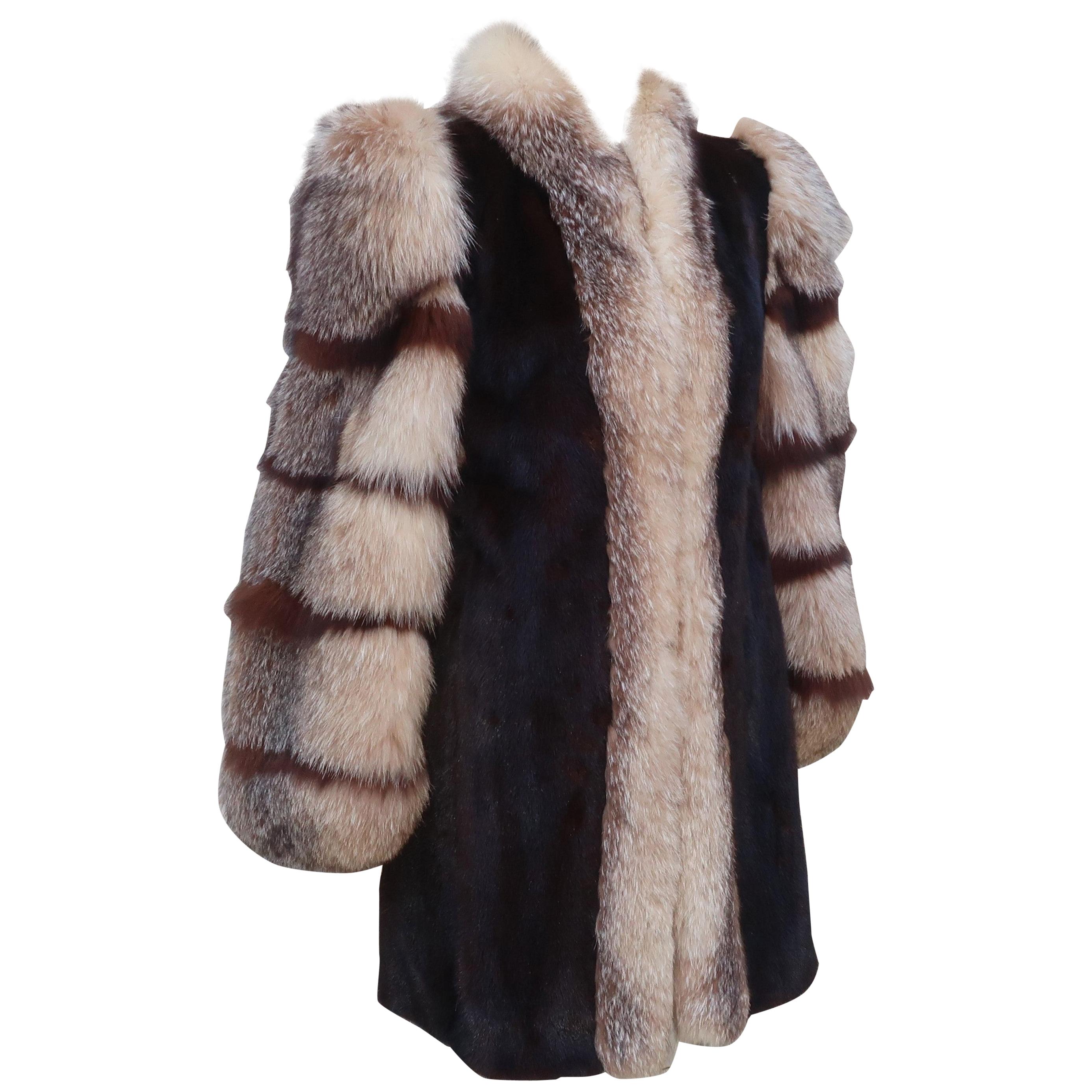 Saga Brown Mink & Fox Fur Stroller Jacket Coat, 1980's
