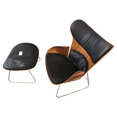 Vintage Saga Cherrywood Shell Black Leather Armchair and Foot Stool by Gioia Marcovicz