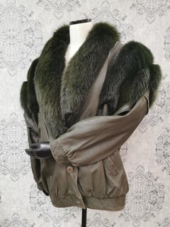 Saga fox leather coat with dyed shadow fox fur trim and sleeves size 12