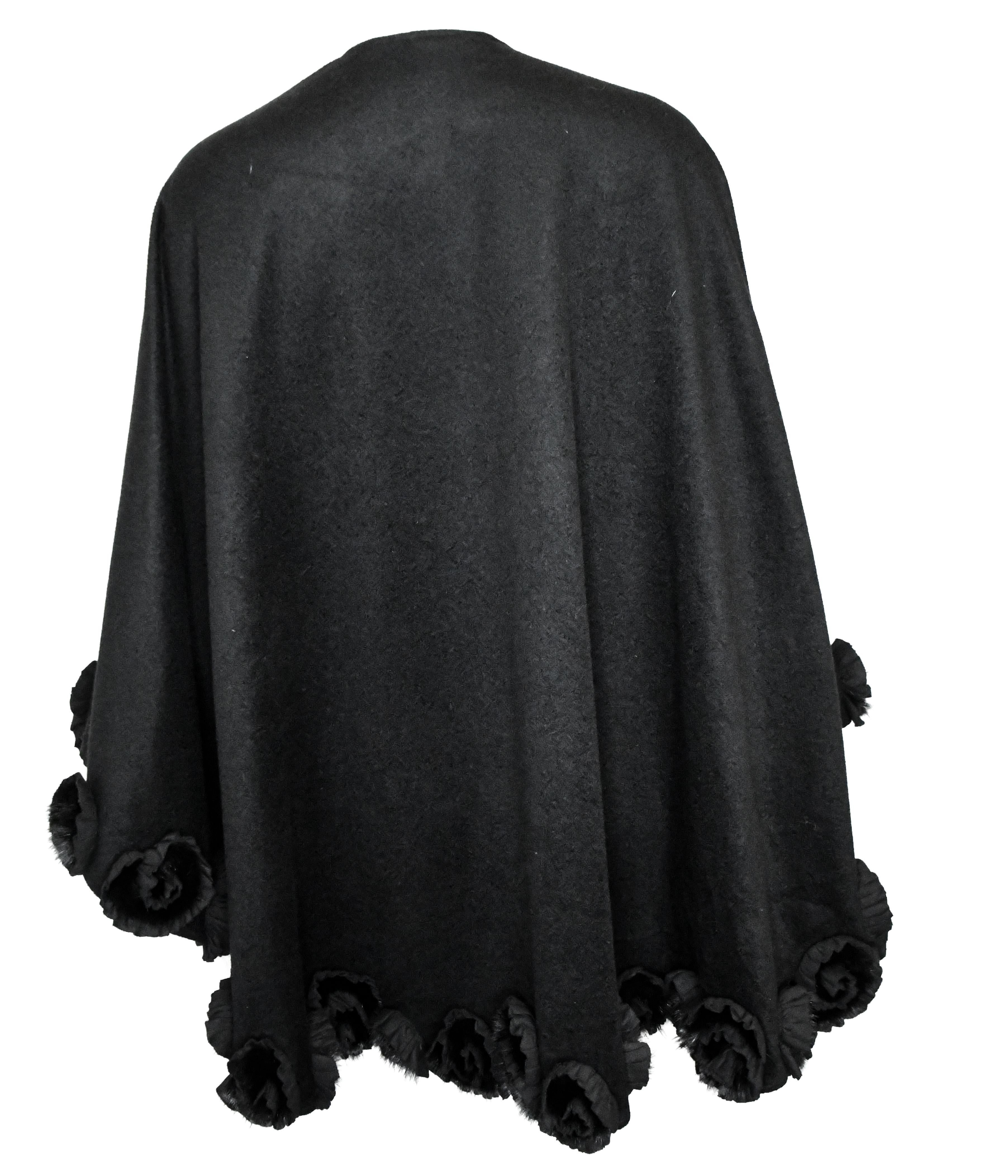 Black Saga Furs Cashmere Shawl With Mink Trimmed Floral Hem