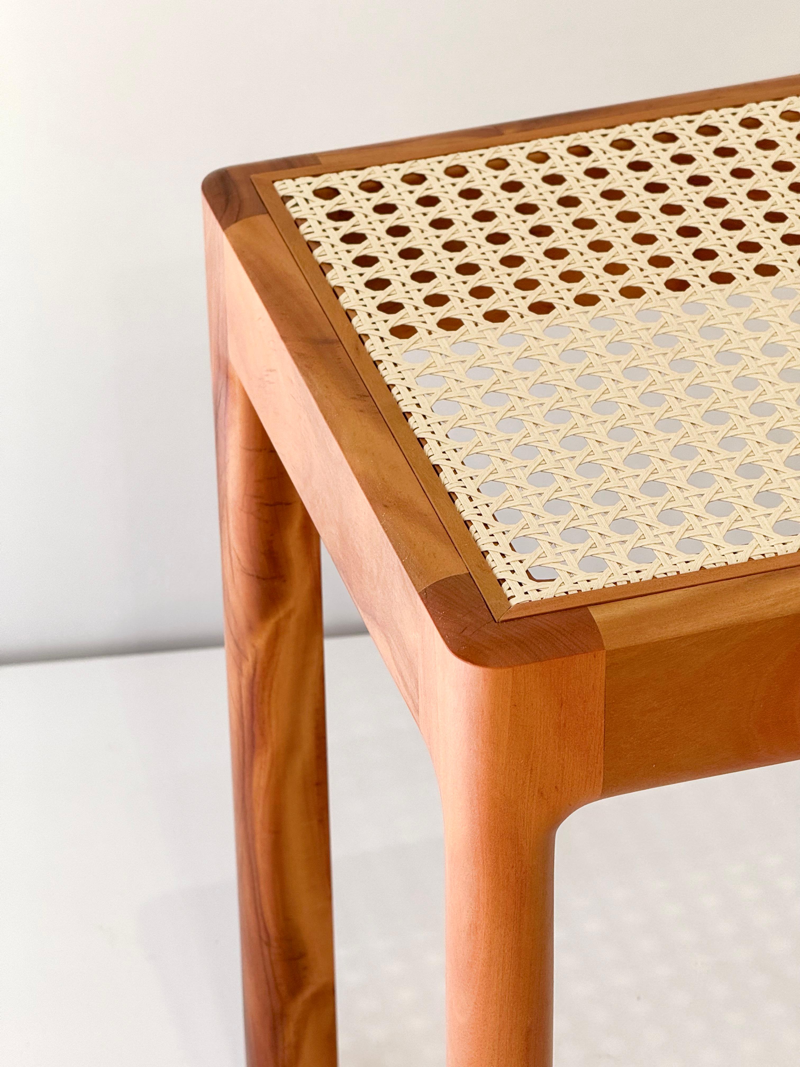 The Sagaiá stool is constructed entirely with joinery, and made from reclaimed solid wood salvaged from a historically listed building in the city of Joinville, which was constructed in 1913. The wood used is Peroba Rosa (Aspidosperma polyneuron),