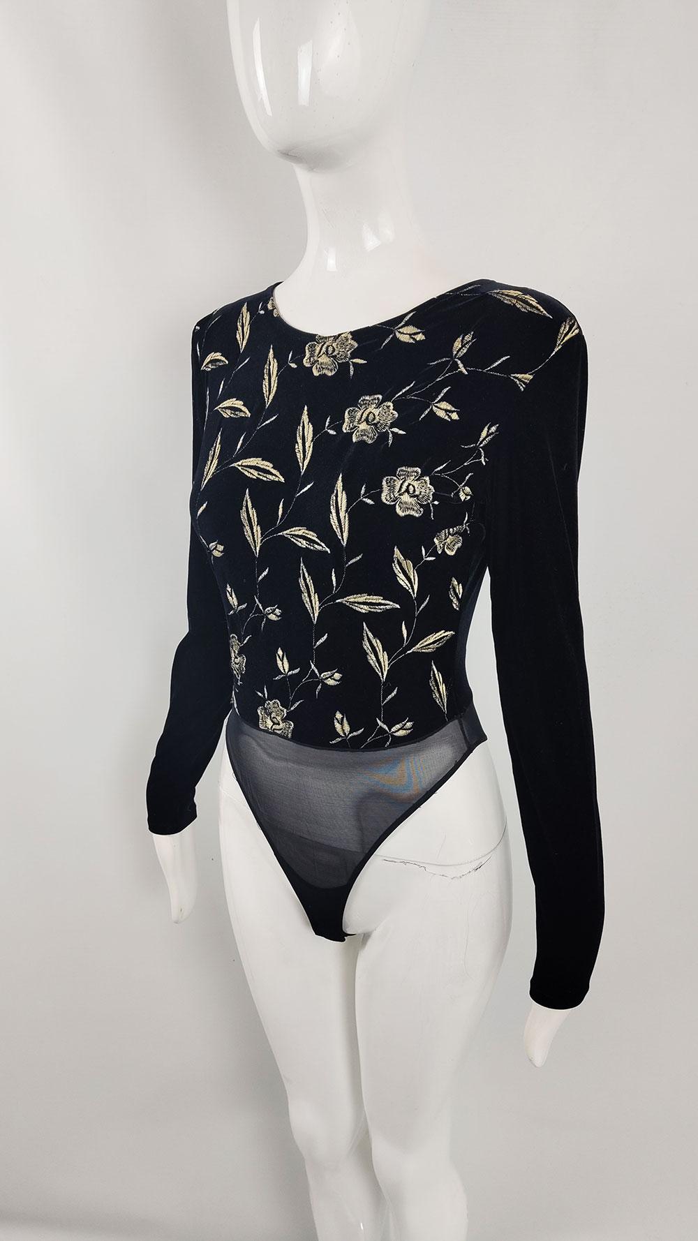 Sagaie Paris Vintage Black Velour Embroidered Stretch Velvet Bodysuit Top In Good Condition For Sale In Doncaster, South Yorkshire