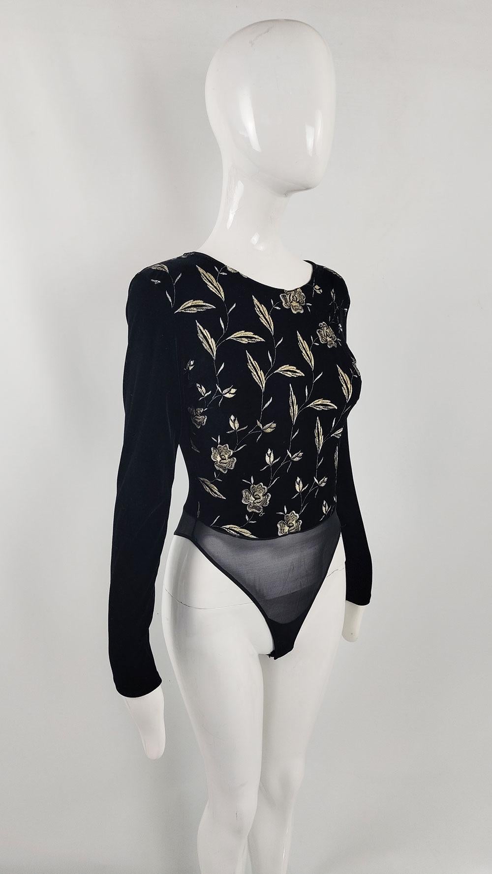 Sagaie Paris Vintage Black Velour Embroidered Stretch Velvet Bodysuit Top In Good Condition For Sale In Doncaster, South Yorkshire