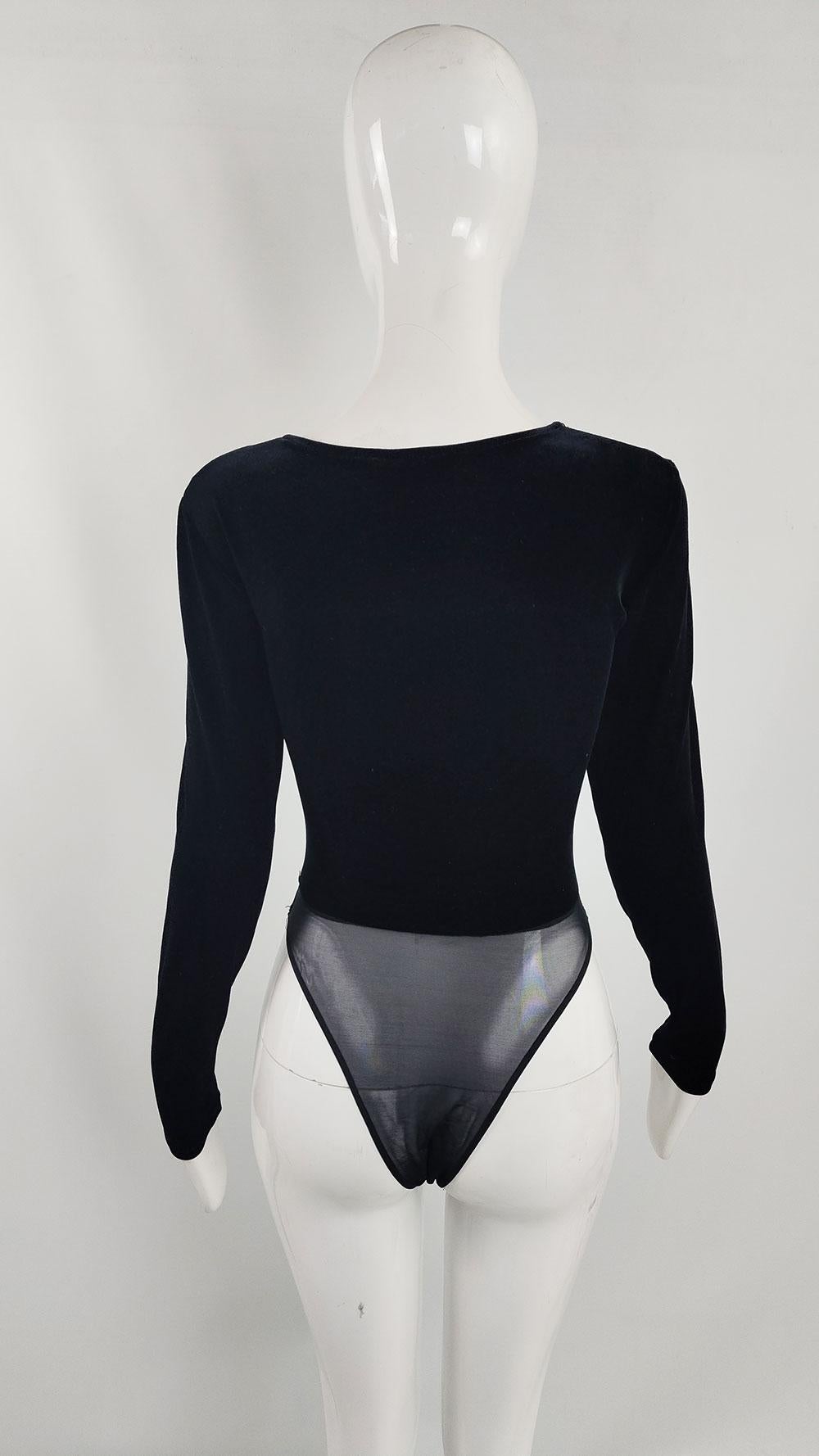 Women's Sagaie Paris Vintage Black Velour Embroidered Stretch Velvet Bodysuit Top For Sale