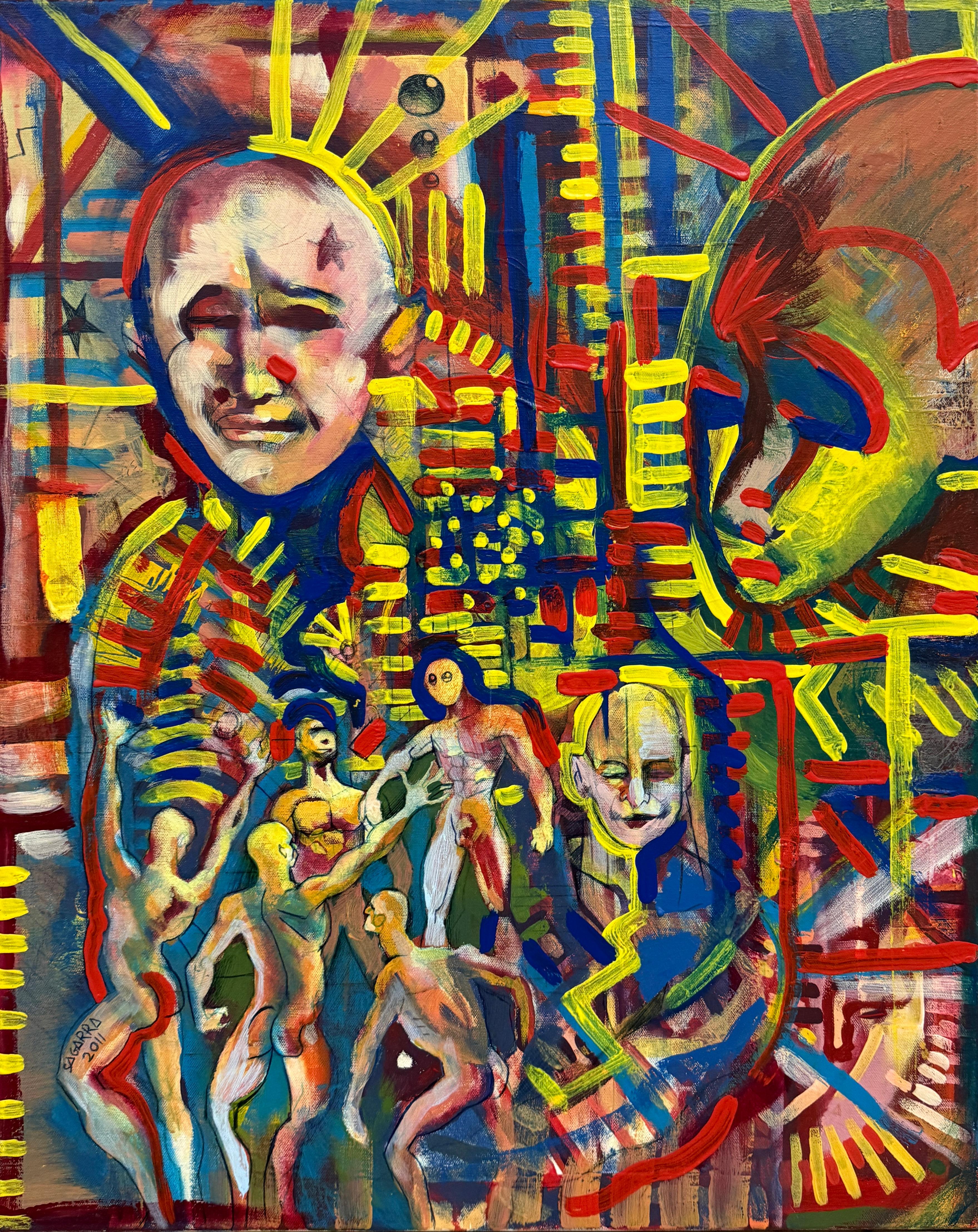 Neoexpressionistisches, figuratives Ölgemälde auf Leinwand mit maskierten Figuren