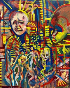 Neoexpressionistisches, figuratives Ölgemälde auf Leinwand mit maskierten Figuren