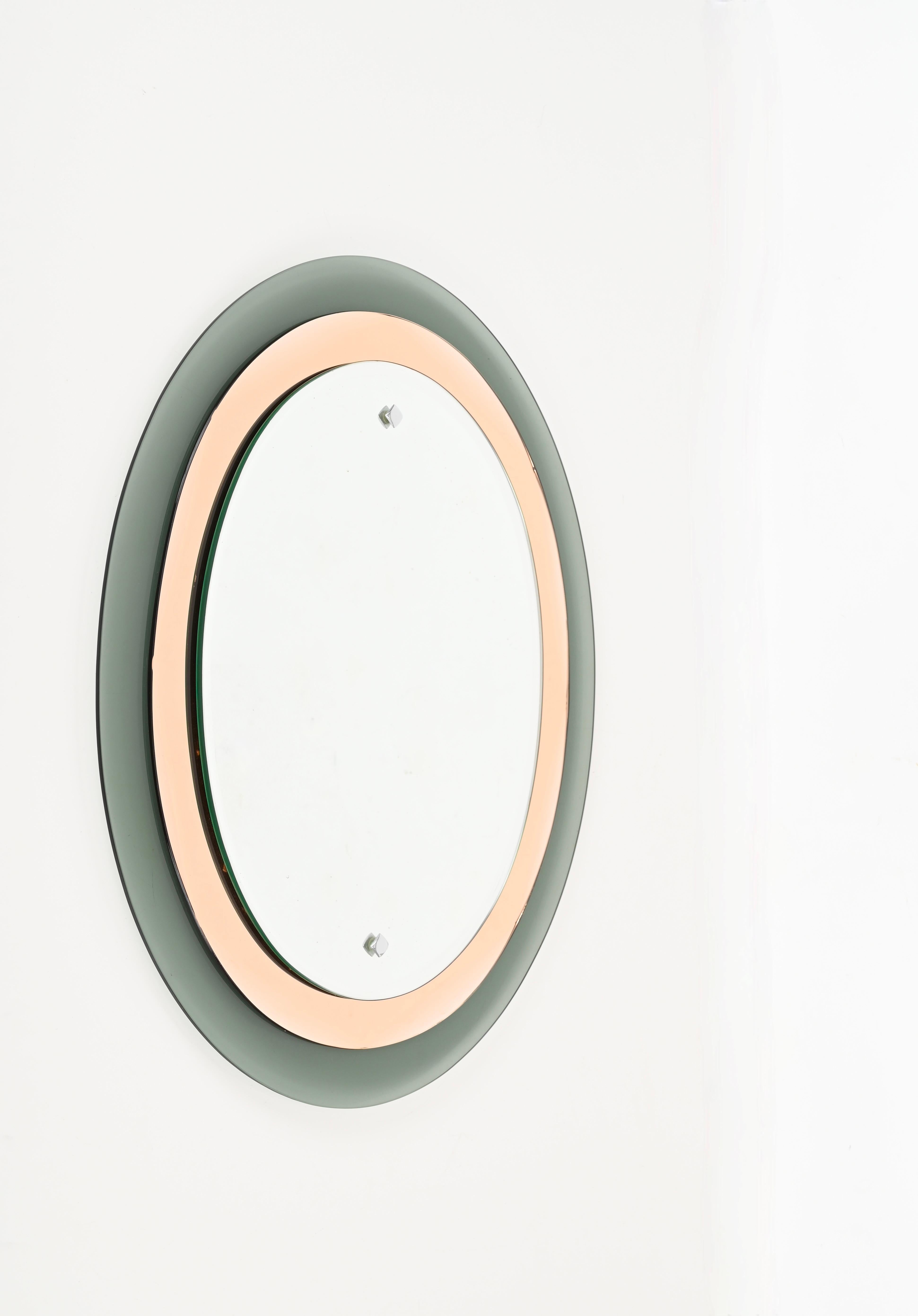 Mid-Century Modern Sage and Pink Oval Beveled Mirror, Att. Max Ingrand Fontana Arte, Italy 1960s