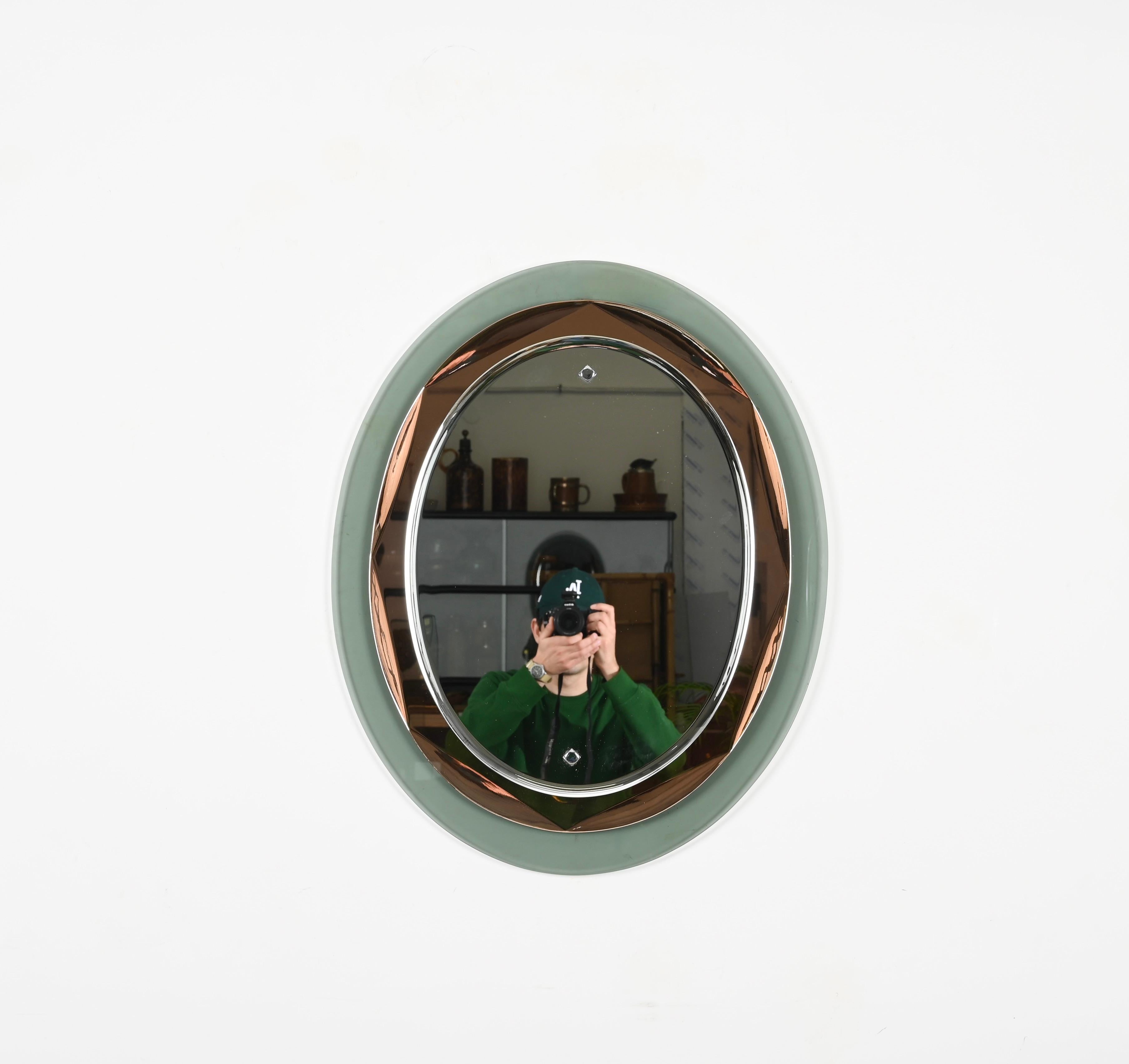Sage and Pink Oval Beveled Mirror, Att. Max Ingrand Fontana Arte, Italy 1960s In Good Condition In Roma, IT