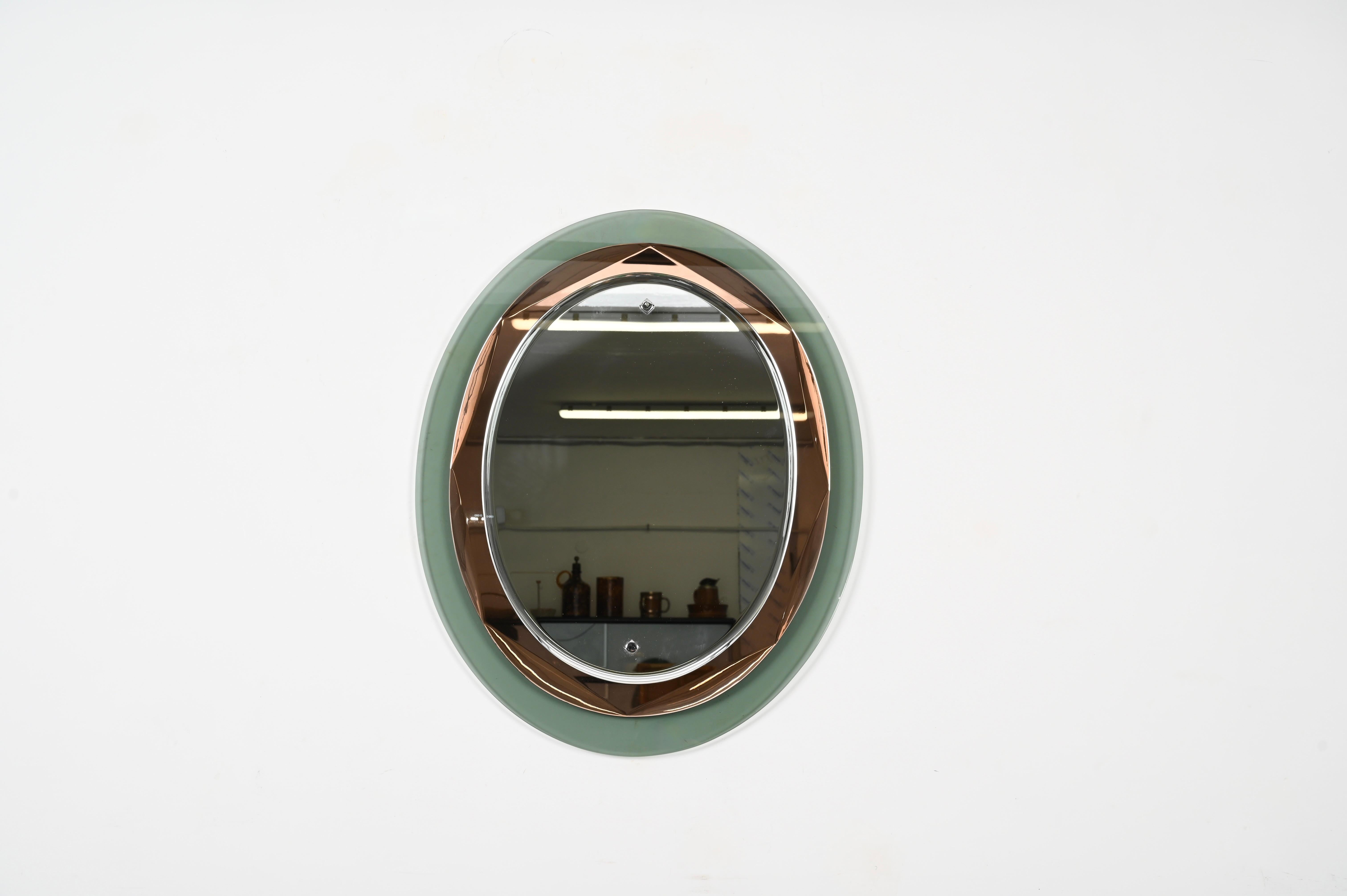 Mid-20th Century Sage and Pink Oval Beveled Mirror, Att. Max Ingrand Fontana Arte, Italy 1960s