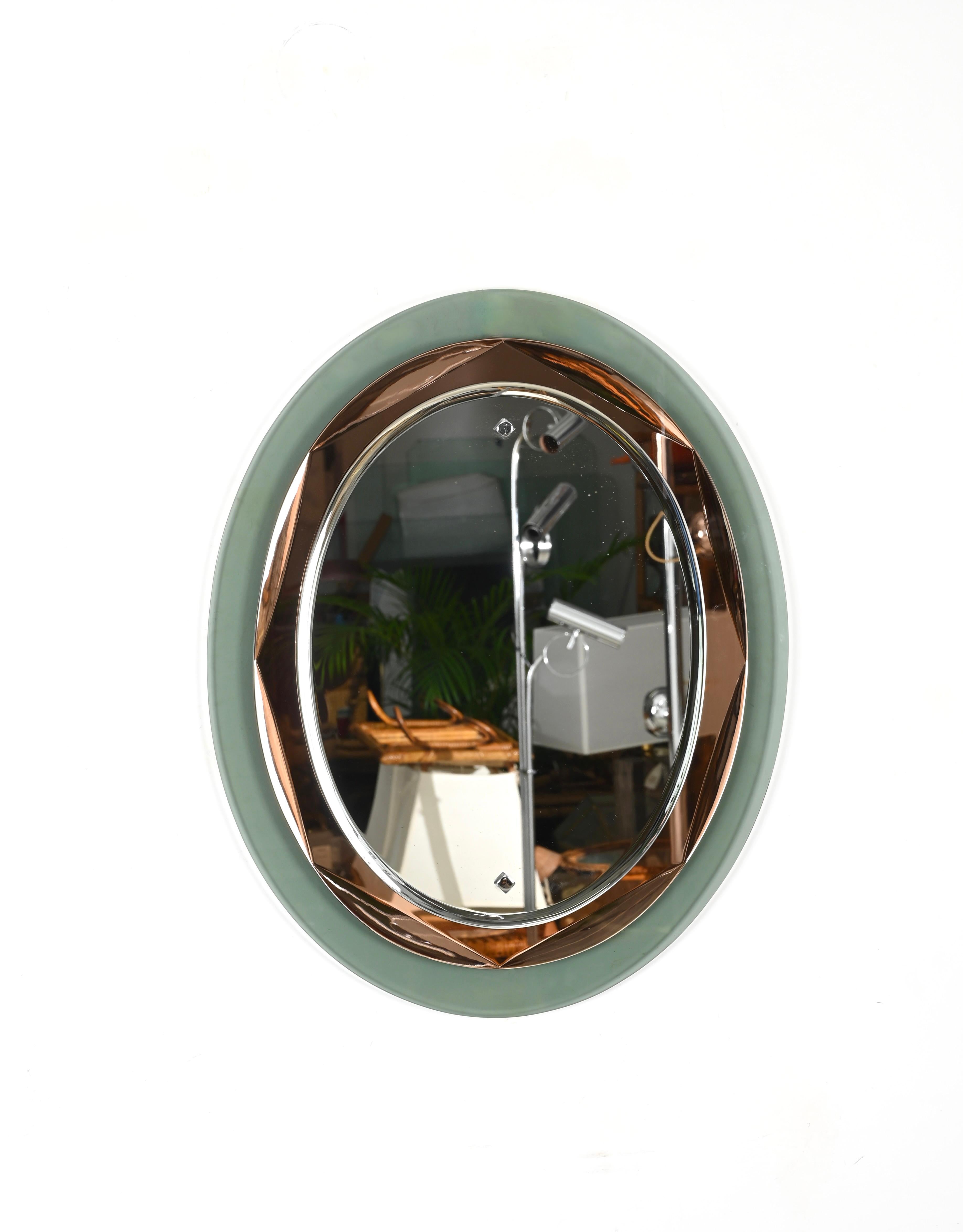 Sage and Pink Oval Beveled Mirror, Att. Max Ingrand Fontana Arte, Italy 1960s 2