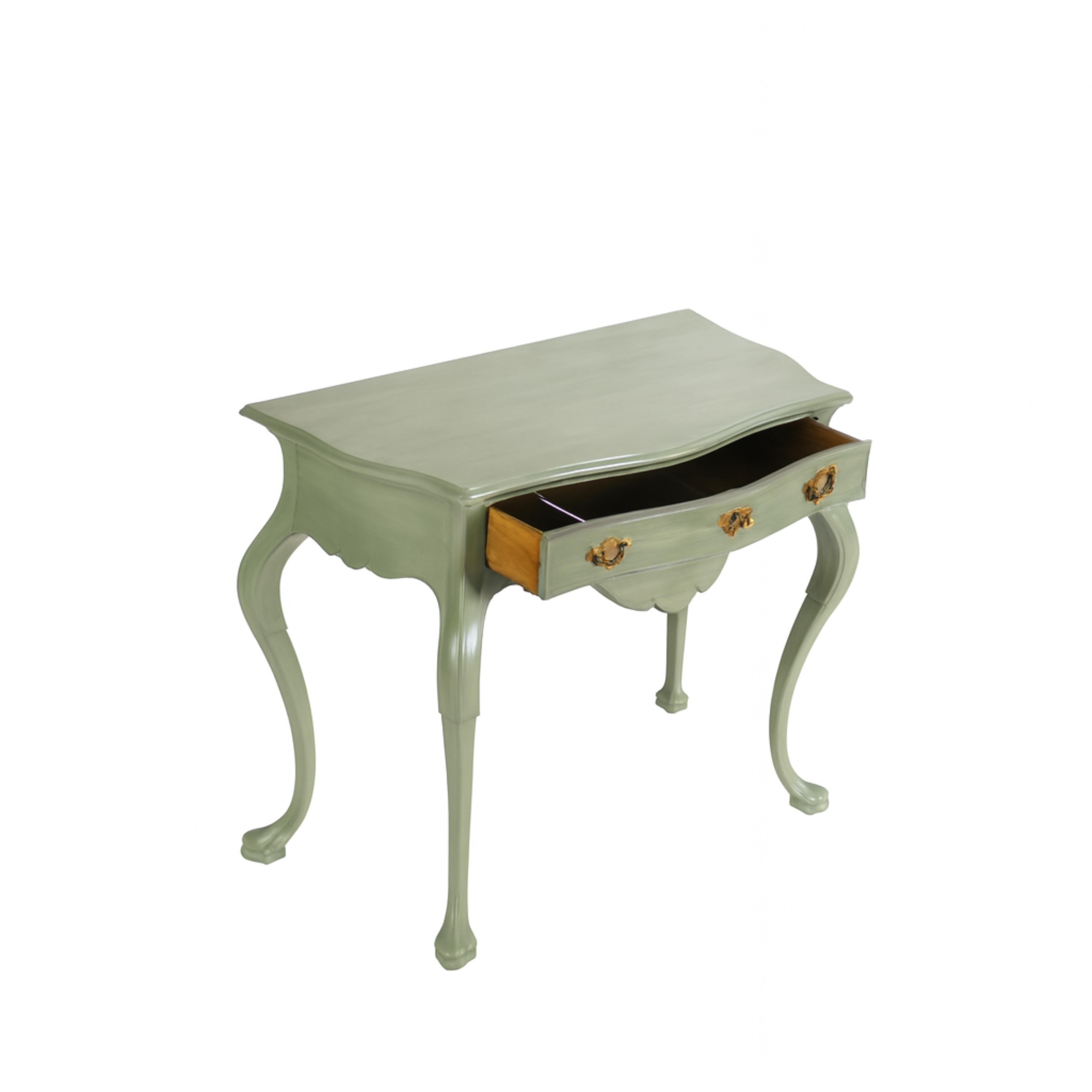 Elevate your space with this high-end portuguese Baroque-style wood table commode, now reimagined in sleek sage color (Hex #8A9A5B color reference) refinished by expert artisans. Featuring a single drawer with a cut-out top that follows the elegant