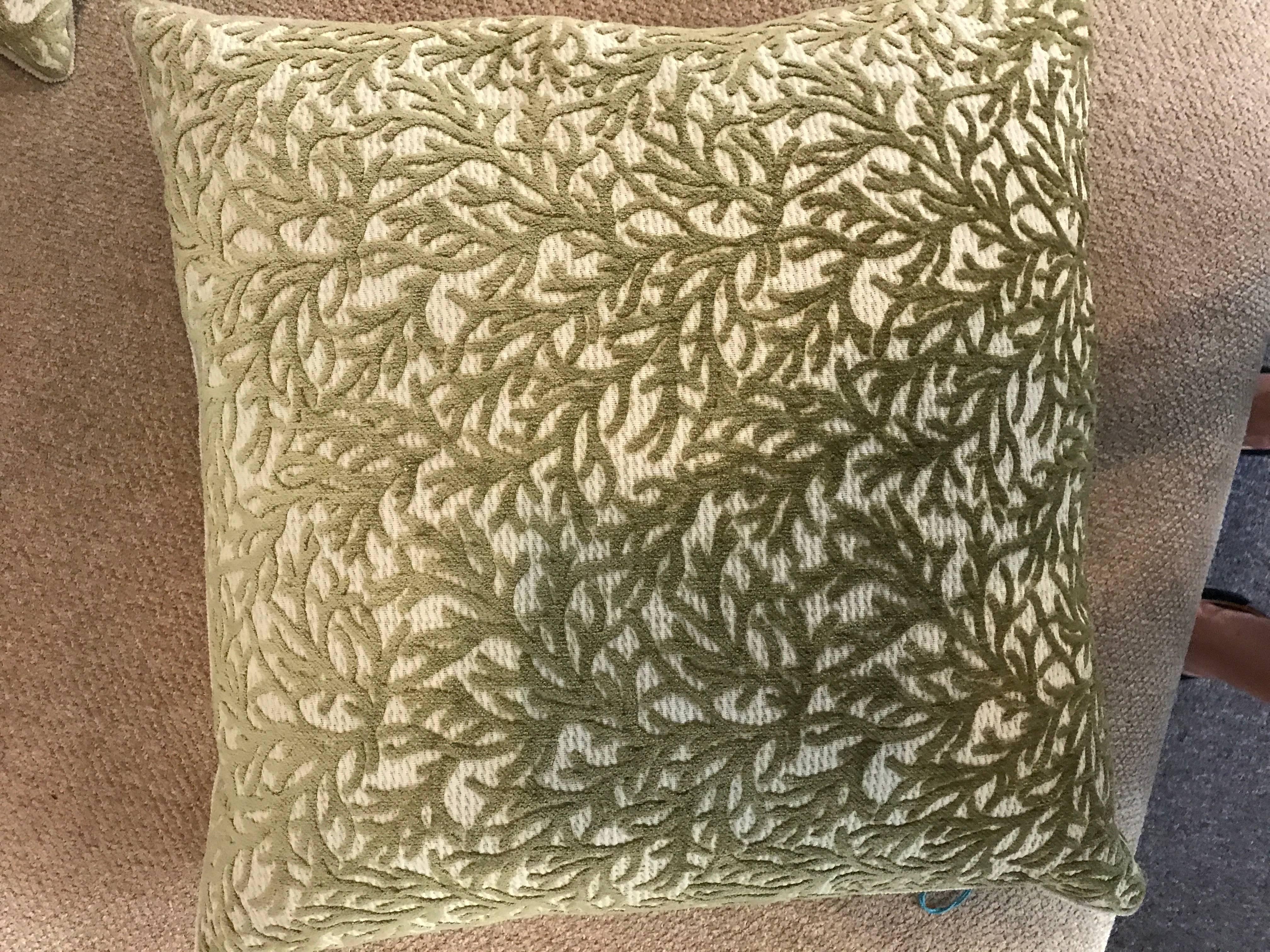 These pair of high end pillows came from the premiere home store in Palm Springs CA that closed over a decade ago. Purchased by my clients, they were never used and are as new. The sage color coral jacquard is on a raised beige ribbed fabric. the