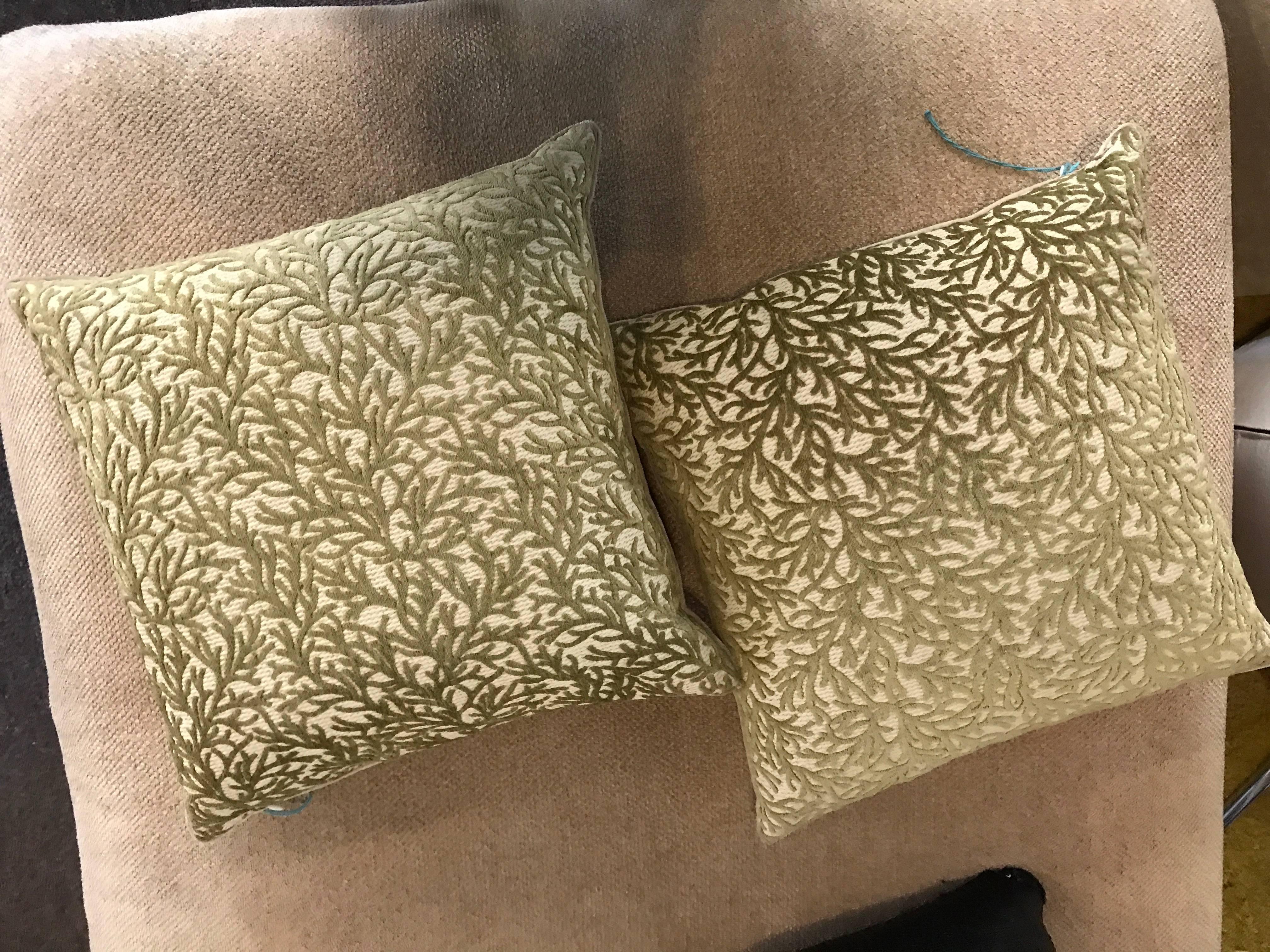  Pair of Sage Coral Cut Velvet Modern Design Throw Pillows In Excellent Condition For Sale In Palm Springs, CA