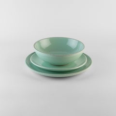 Sage crenellated plates: Soup, holder, side plate for 4. Handmade in Italy 2024