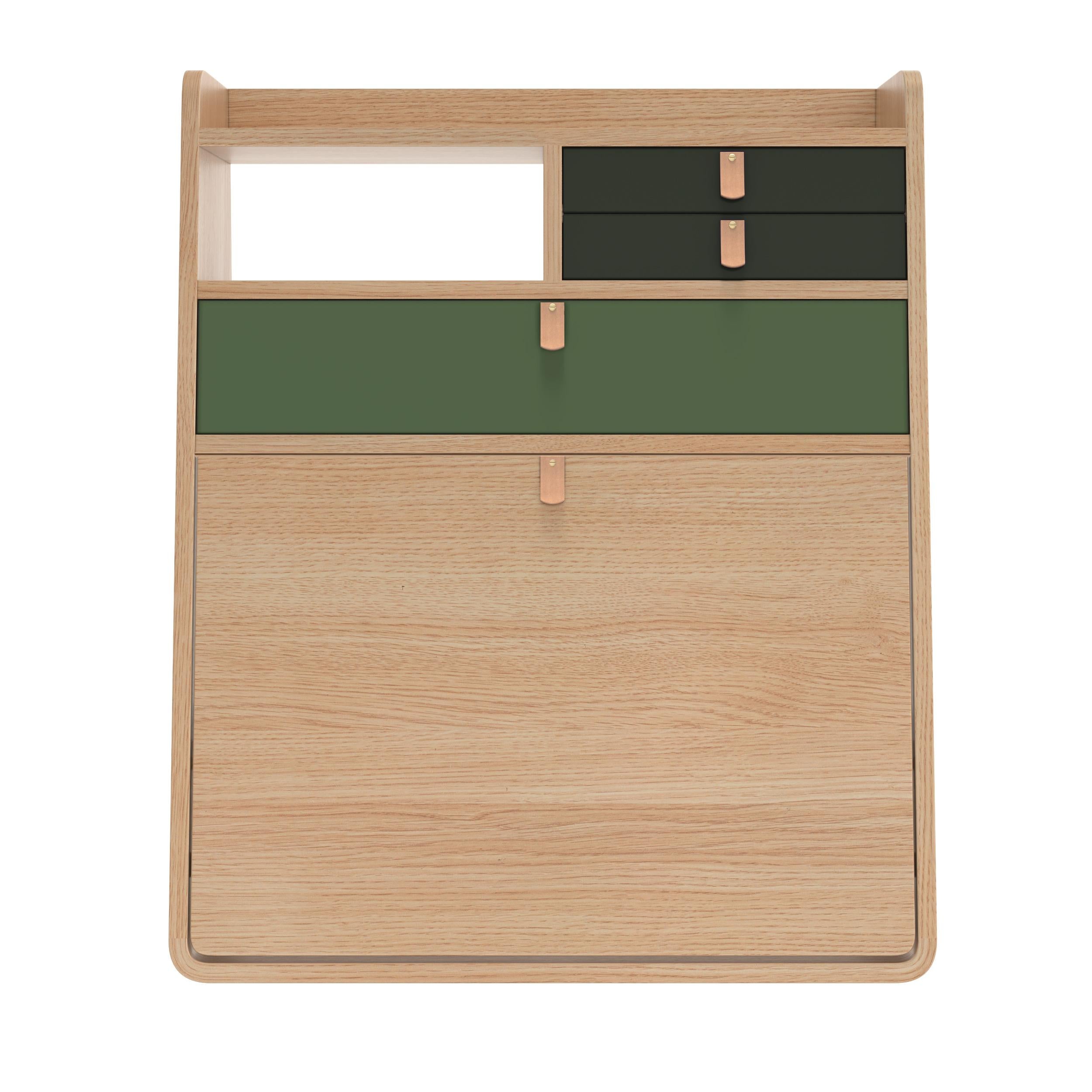 Sage Drawers Gaston Floating Writing Desk 60 cm Natural Oak by HARTO
Dimensions: W 60 x D 32 x H 72 cm. 
Materials: MDF wood veneer, Lacquered MDF, Leather.
Weight: 22.0 kg

Gaston has everything a big boy needs and yet it takes up so little space!