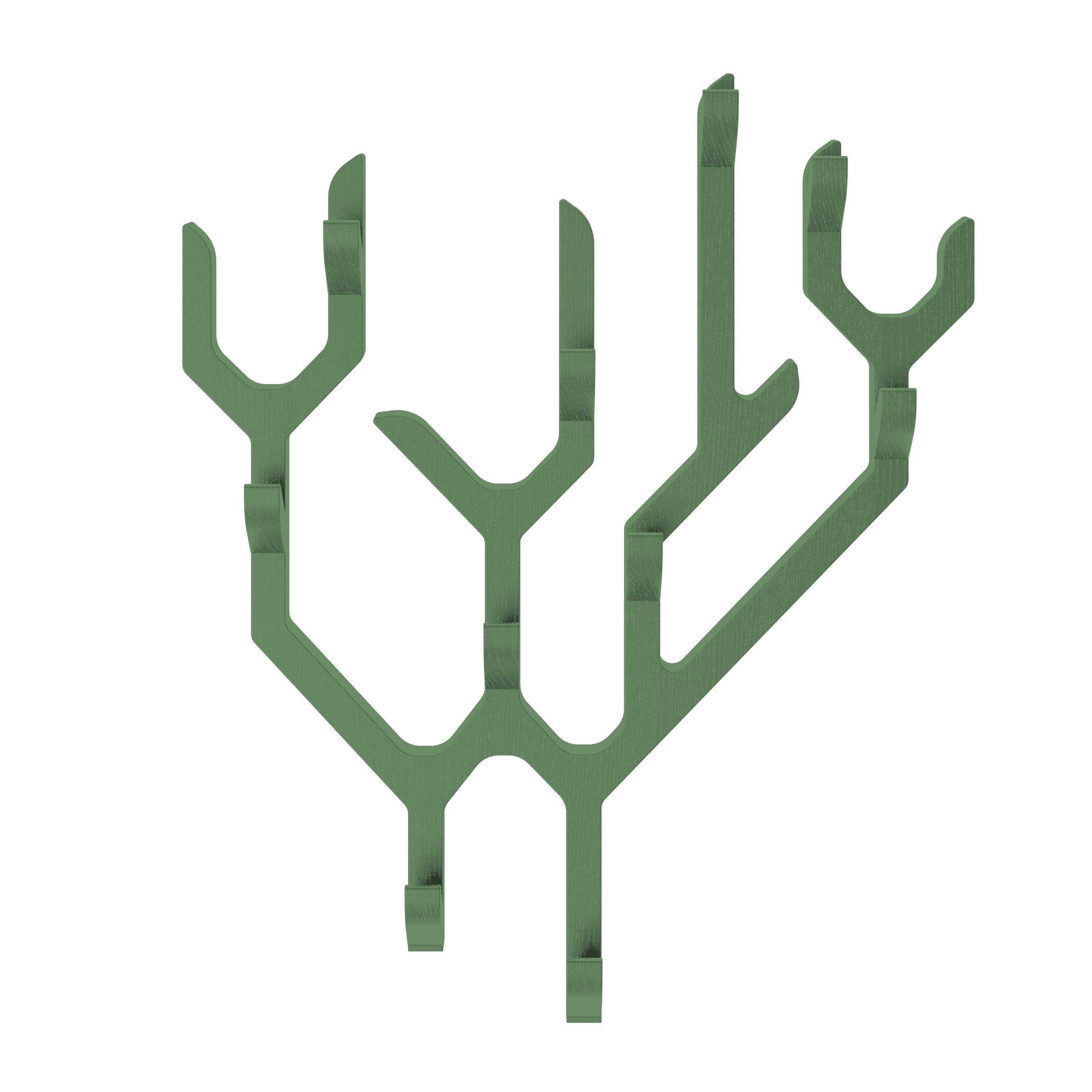 Sage Green Ambroise Wall Coat Rack by HARTO
Dimensions: W 200 x D 80 x H 32 cm. 
Materials: Solid wood, Wood veneered plywood.
Weight: 1.5 kg

Resolutely Scandinavian, light and easy to install, this coat rack is made up of 10 hooks that generously