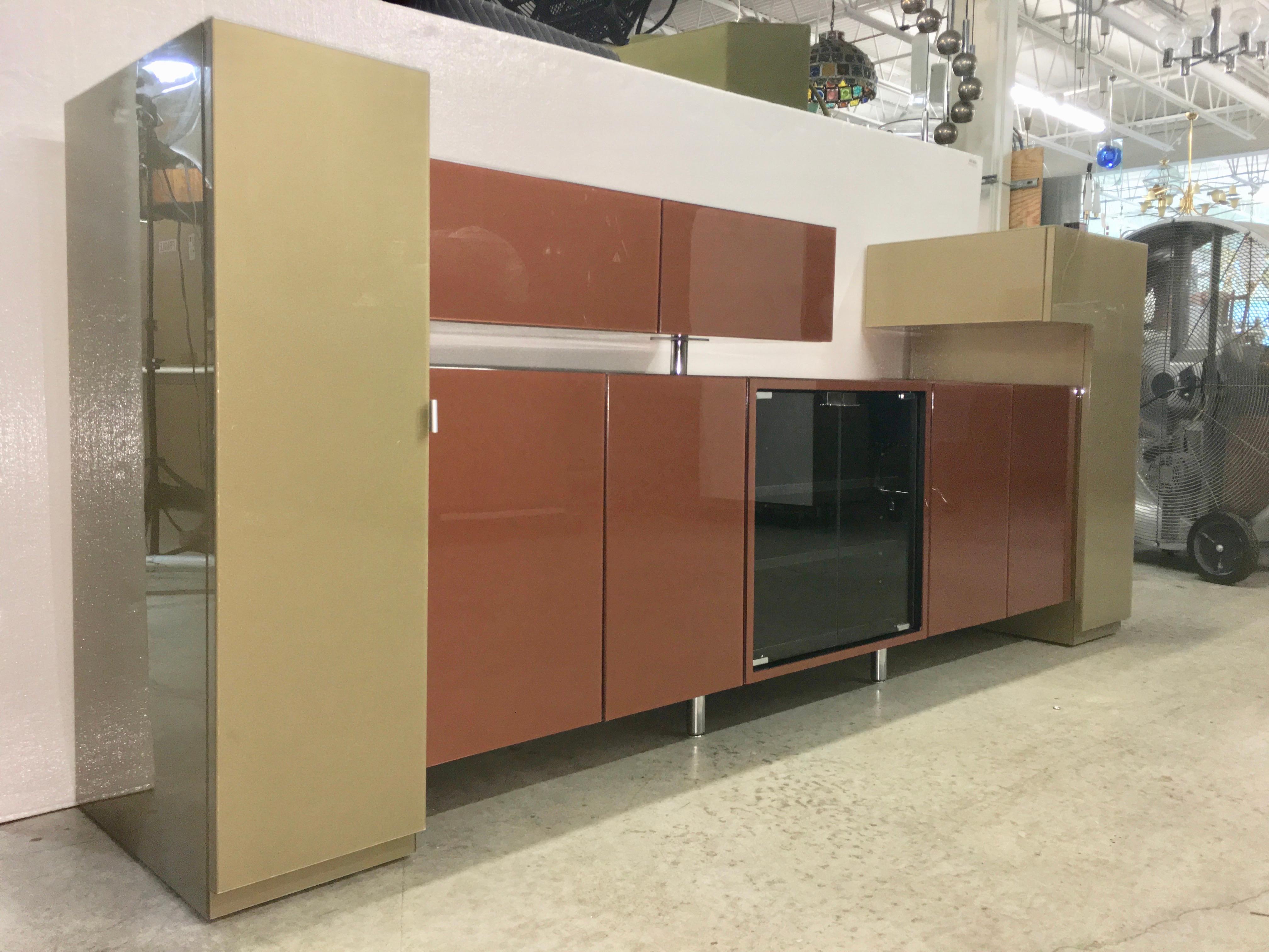 Modern Sage Green & Copper Laminate Media Console Cabinet For Sale
