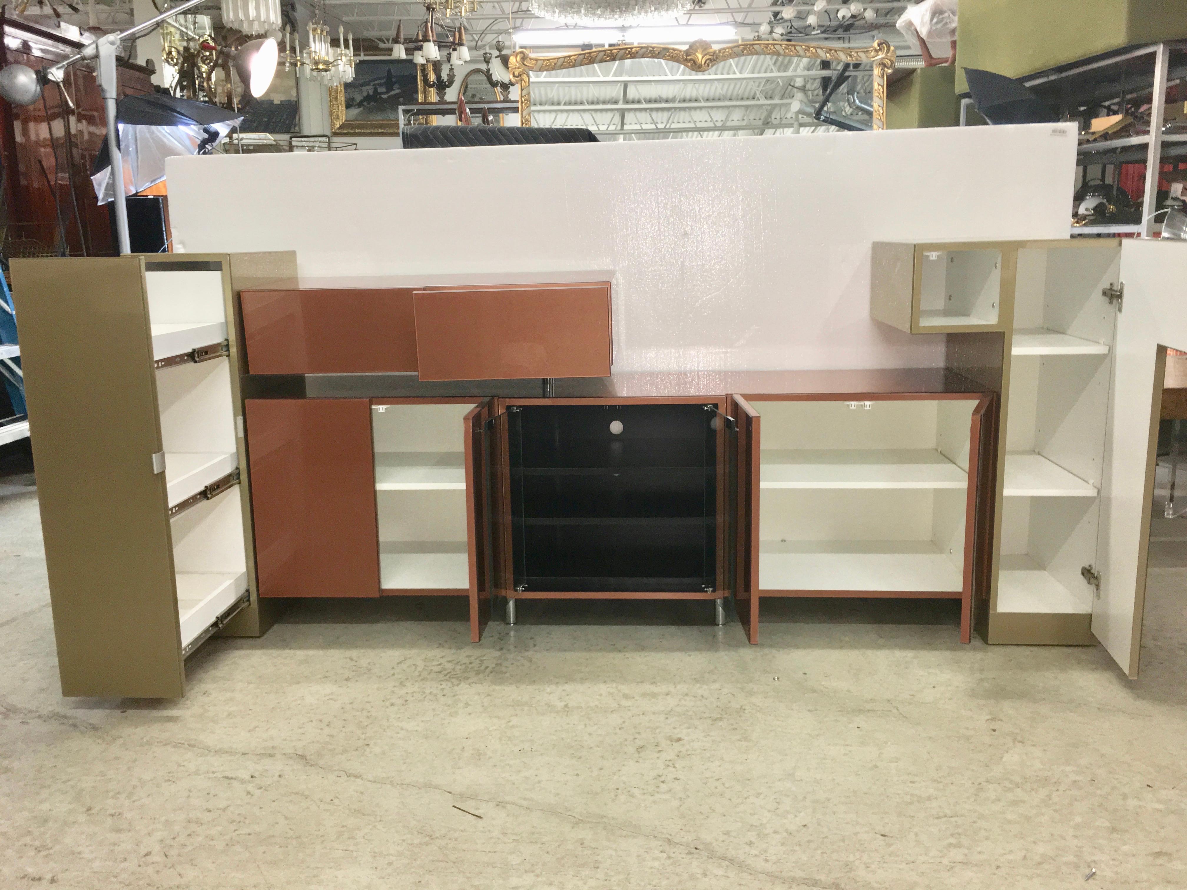 American Sage Green & Copper Laminate Media Console Cabinet For Sale