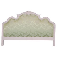 Sage Green Damask Upholstered Distressed White Painted King Size Headboard