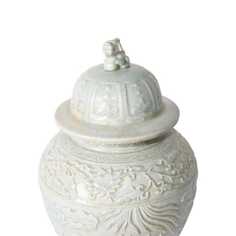 Chinese Chippendale Sage Green Embossed Fish Porcelain Temple Jar For Sale