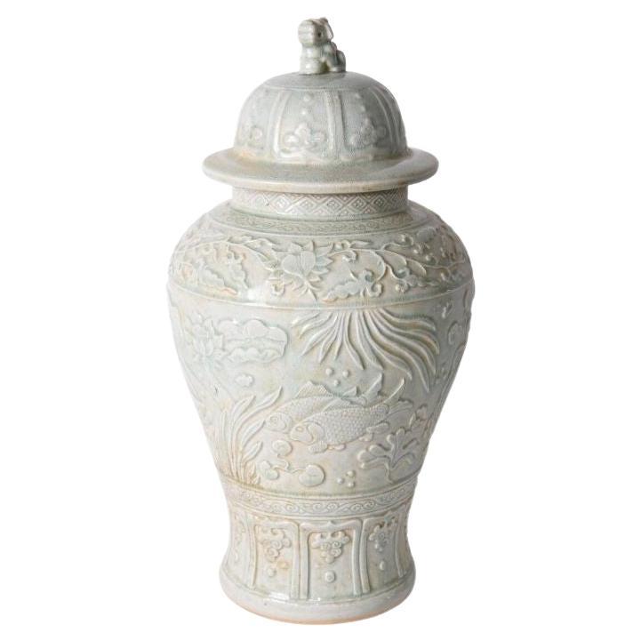 Sage Green Embossed Fish Porcelain Temple Jar For Sale