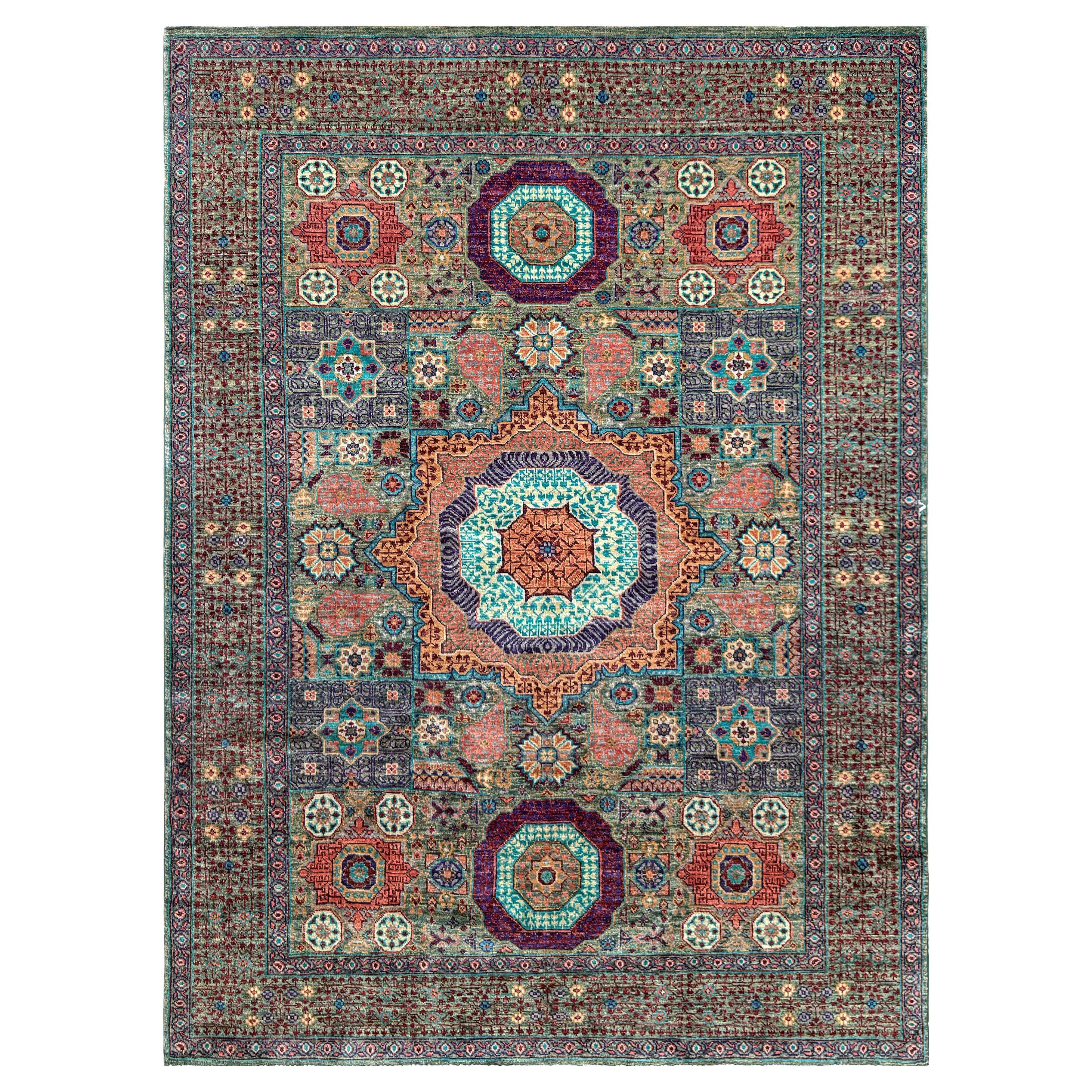Sage Green Fine Mamluk Transitional Rug • Hand-Knotted Wool • 6′×8′ • Turkey For Sale